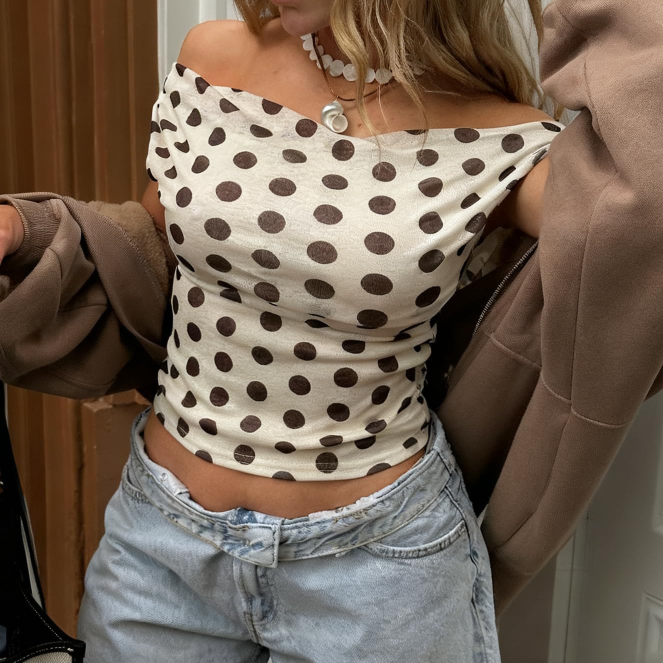 Off Shoulder Polka Dot Crop Top for Women Y2K Short Sleeve Backless Slim Fitted Baby Tee Summer E-Girl Streetwear - Image 3