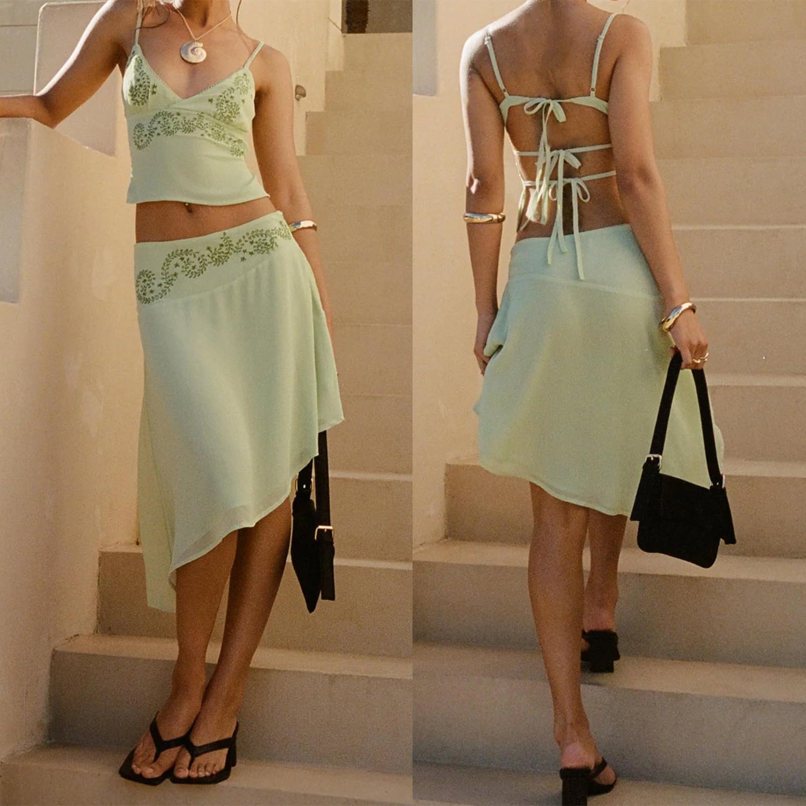 SOLILOQUY Summer Midi Skirt Set for Women Floral Embroidery Crop Cami Top Asymmetrical Skirt Set 2 Piece Beach Outfits - Image 5