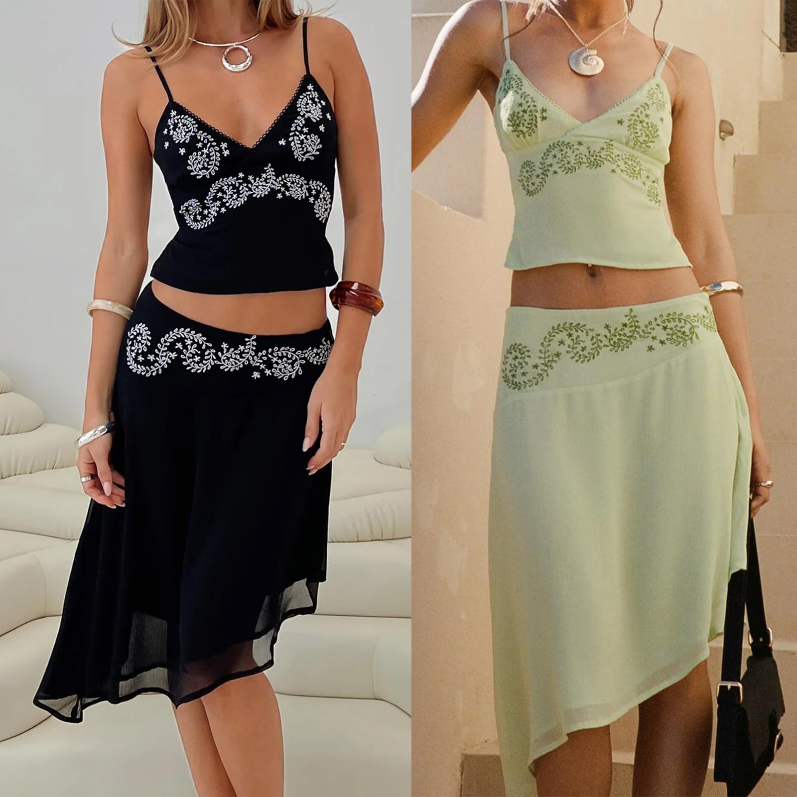 SOLILOQUY Summer Midi Skirt Set for Women Floral Embroidery Crop Cami Top Asymmetrical Skirt Set 2 Piece Beach Outfits - Image 6