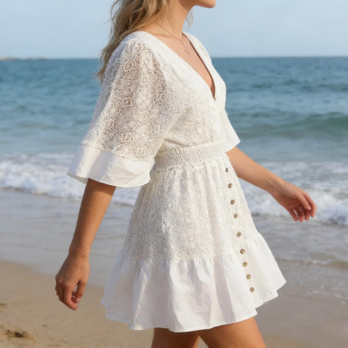 SOLILOQUY Women Boho Mini Dress V Neck Flare Sleeve Tie Back Button Decor Smocked Waist Ruffle Hem A-Line Sundress Beachwear - Image 4