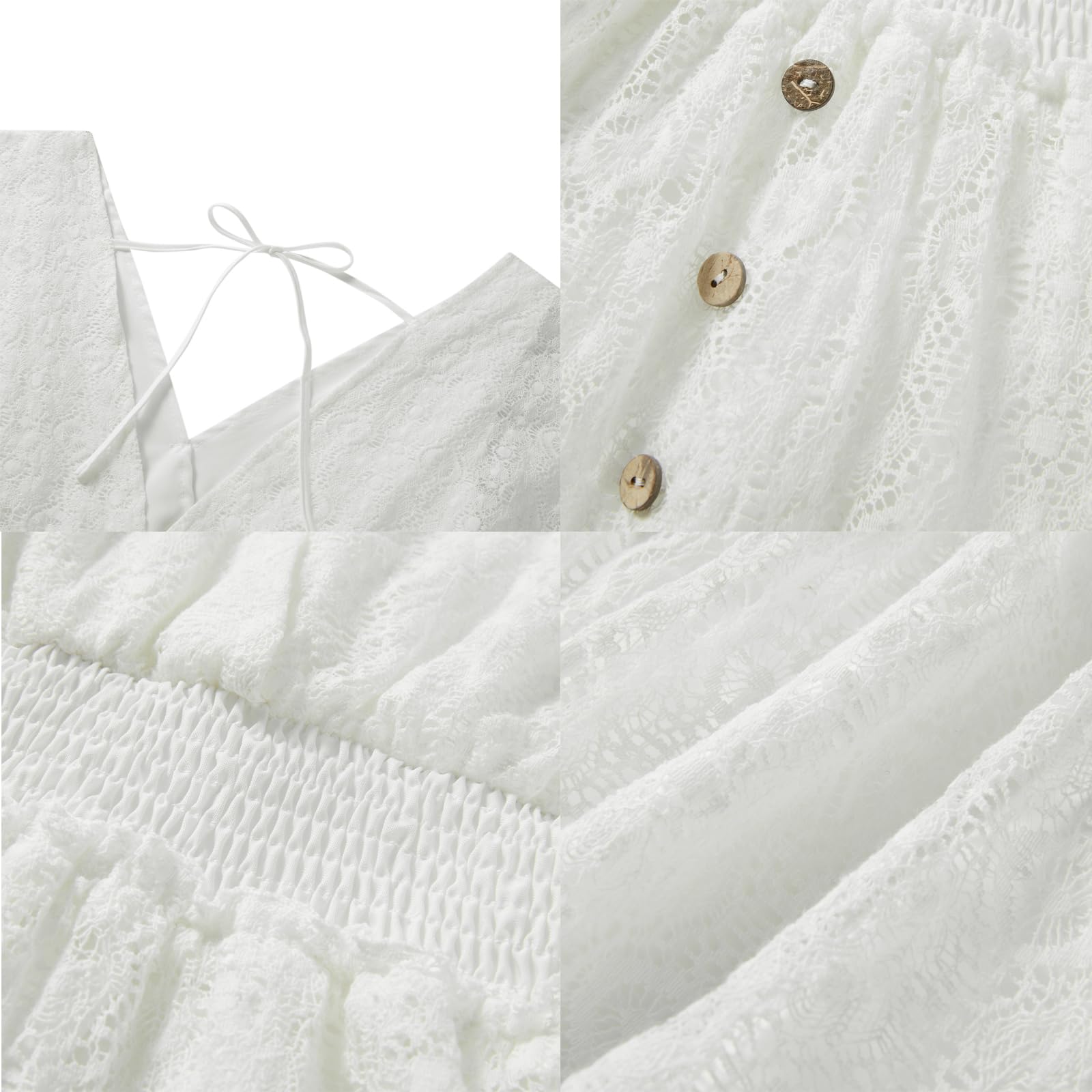 SOLILOQUY Women Boho Mini Dress V Neck Flare Sleeve Tie Back Button Decor Smocked Waist Ruffle Hem A-Line Sundress Beachwear - Image 7