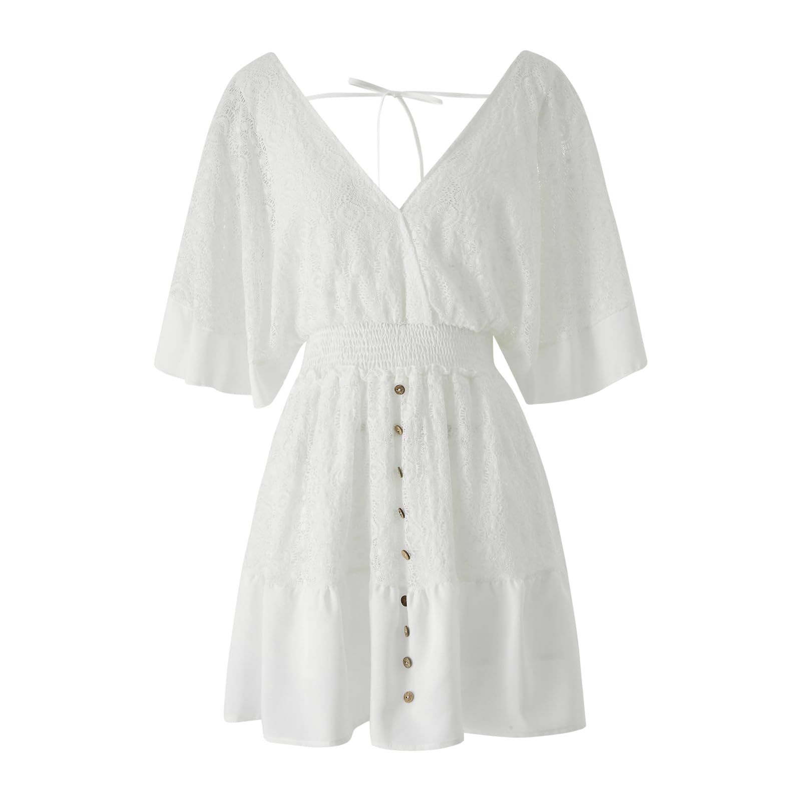 SOLILOQUY Women Boho Mini Dress V Neck Flare Sleeve Tie Back Button Decor Smocked Waist Ruffle Hem A-Line Sundress Beachwear - Image 8