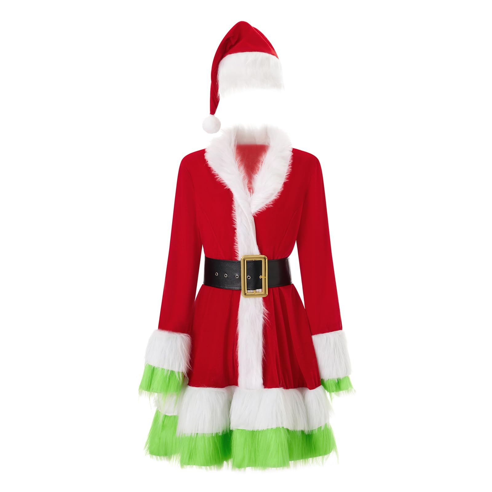 SOLILOQUY Women Christmas Costume Green Fur Trim Long Sleeve Santa Dress + Hat Mrs Claus Costumes 2PCS Xmas Party Cosplay Set - Image 6