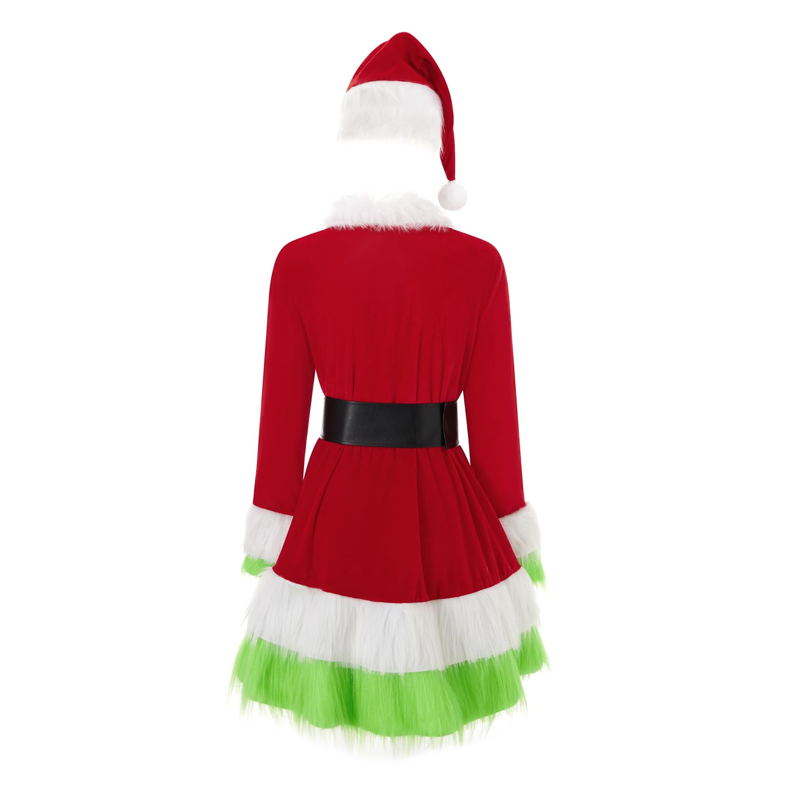 SOLILOQUY Women Christmas Costume Green Fur Trim Long Sleeve Santa Dress + Hat Mrs Claus Costumes 2PCS Xmas Party Cosplay Set - Image 7