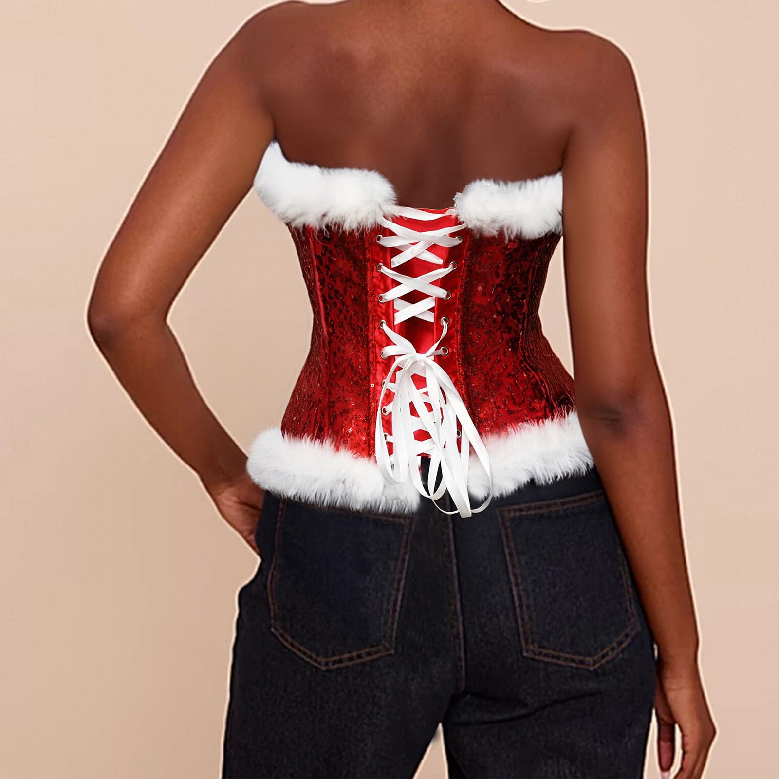 SOLILOQUY Women Christmas Mrs. Claus Costume Fuzzy Trim Sleeveless Lace-up Bustier Corset Tops for Xmas Halloween Cosplay - Image 3