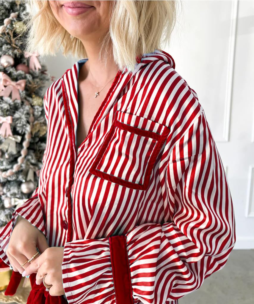 SOLILOQUY Women Christmas Pajamas Set Silk Striped Bow Tie Long Sleeve Shirt and Pants Pj 2 Piece Lounge Holiday Sleepwear - Image 3