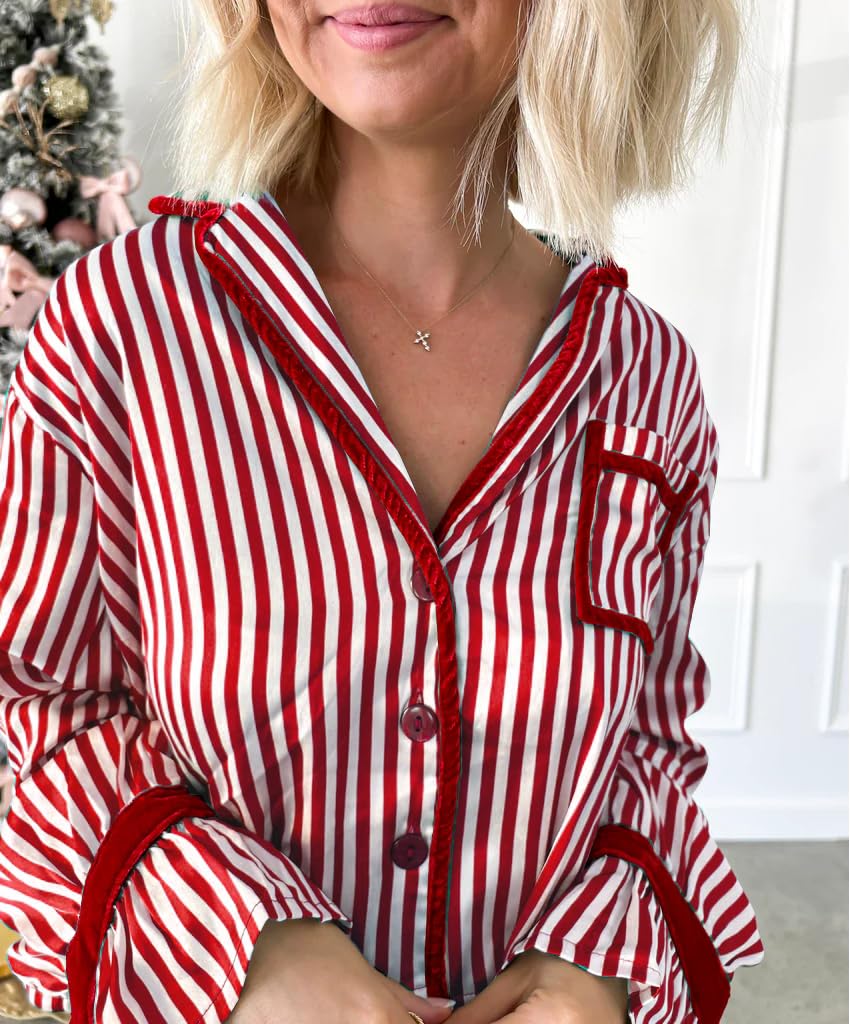 SOLILOQUY Women Christmas Pajamas Set Silk Striped Bow Tie Long Sleeve Shirt and Pants Pj 2 Piece Lounge Holiday Sleepwear - Image 4