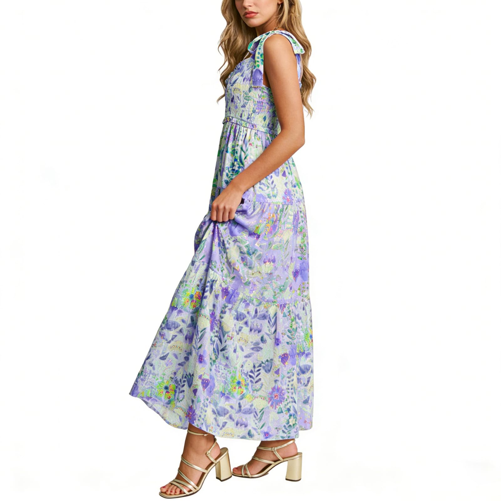 SOLILOQUY Women Cottage Floral Print Tie Shoulder Maxi Dress Smocked A Line Long Dress Boho Summer Beach Vacation Sundress - Image 3