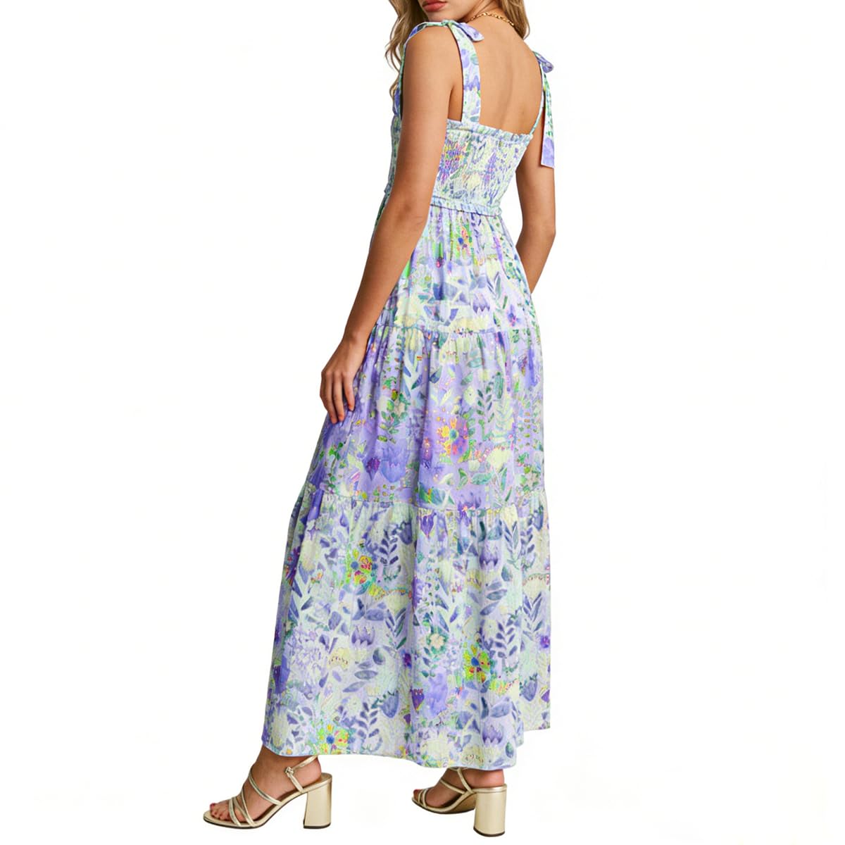 SOLILOQUY Women Cottage Floral Print Tie Shoulder Maxi Dress Smocked A Line Long Dress Boho Summer Beach Vacation Sundress - Image 4