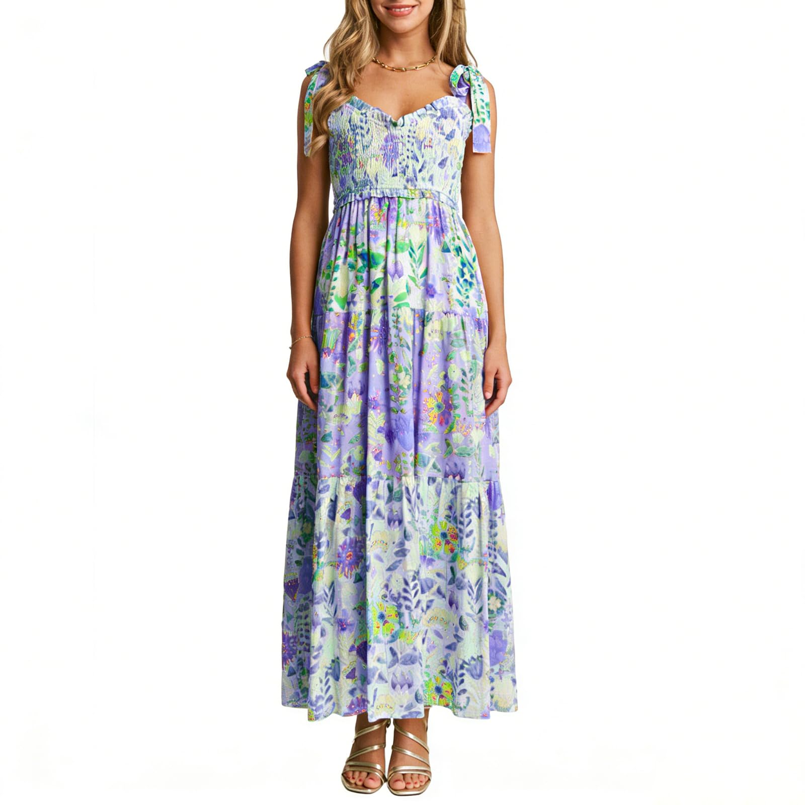 SOLILOQUY Women Cottage Floral Print Tie Shoulder Maxi Dress Smocked A Line Long Dress Boho Summer Beach Vacation Sundress - Image 5