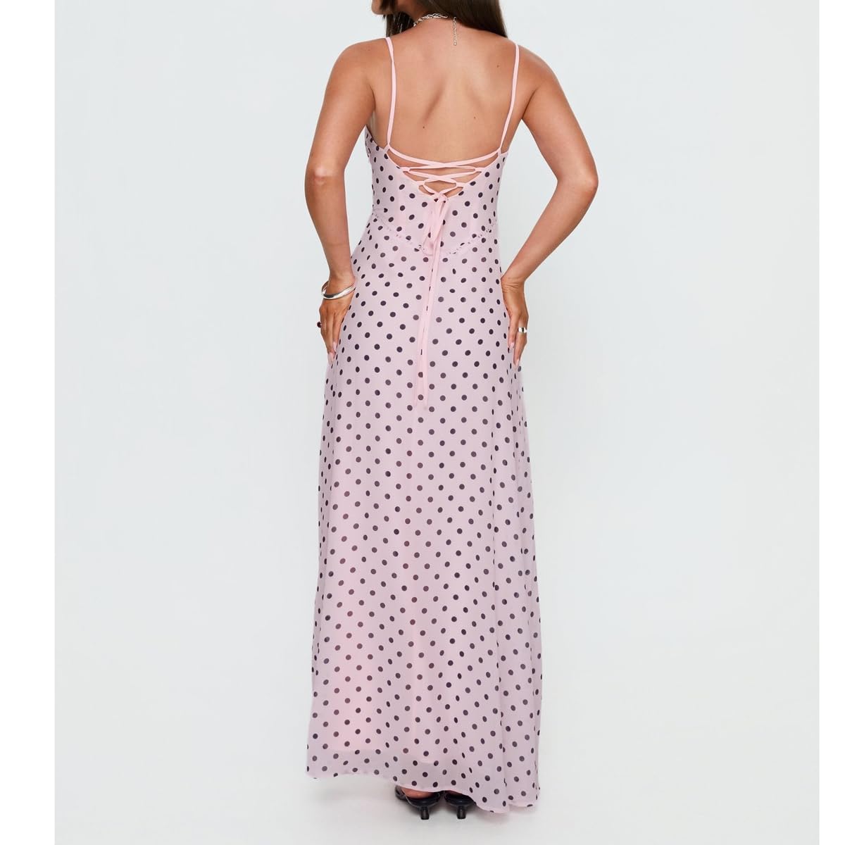 SOLILOQUY Women Polka Dot Backless Maxi Dress Spaghetti Strap Lace Up Back Slim Fit Flowy Long Dress Summer Beach Vacation - Image 4