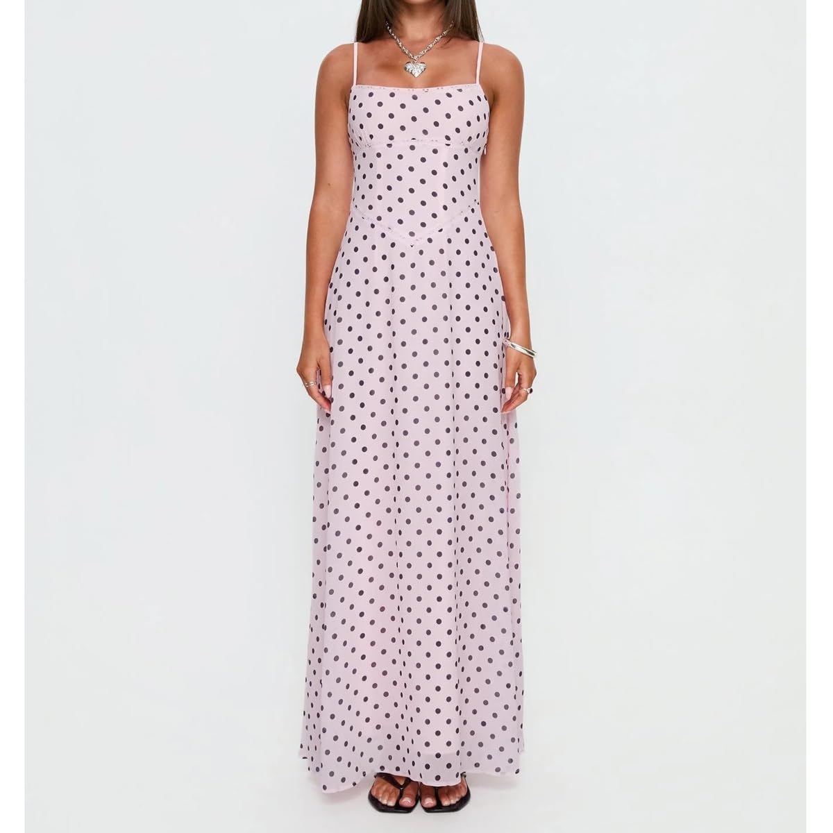 SOLILOQUY Women Polka Dot Backless Maxi Dress Spaghetti Strap Lace Up Back Slim Fit Flowy Long Dress Summer Beach Vacation - Image 5