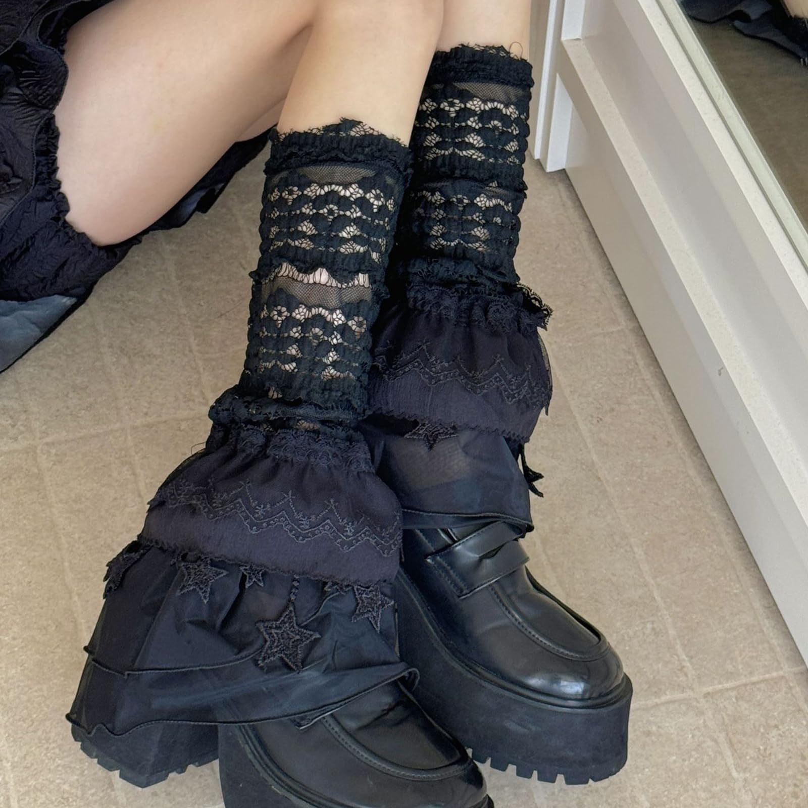 SOLILOQUY Women's Lace Leg Warmers Summer Gothic Lolita Sheer Polka Dots Leg Socks Layered Ruffle Boot Socks - Image 3