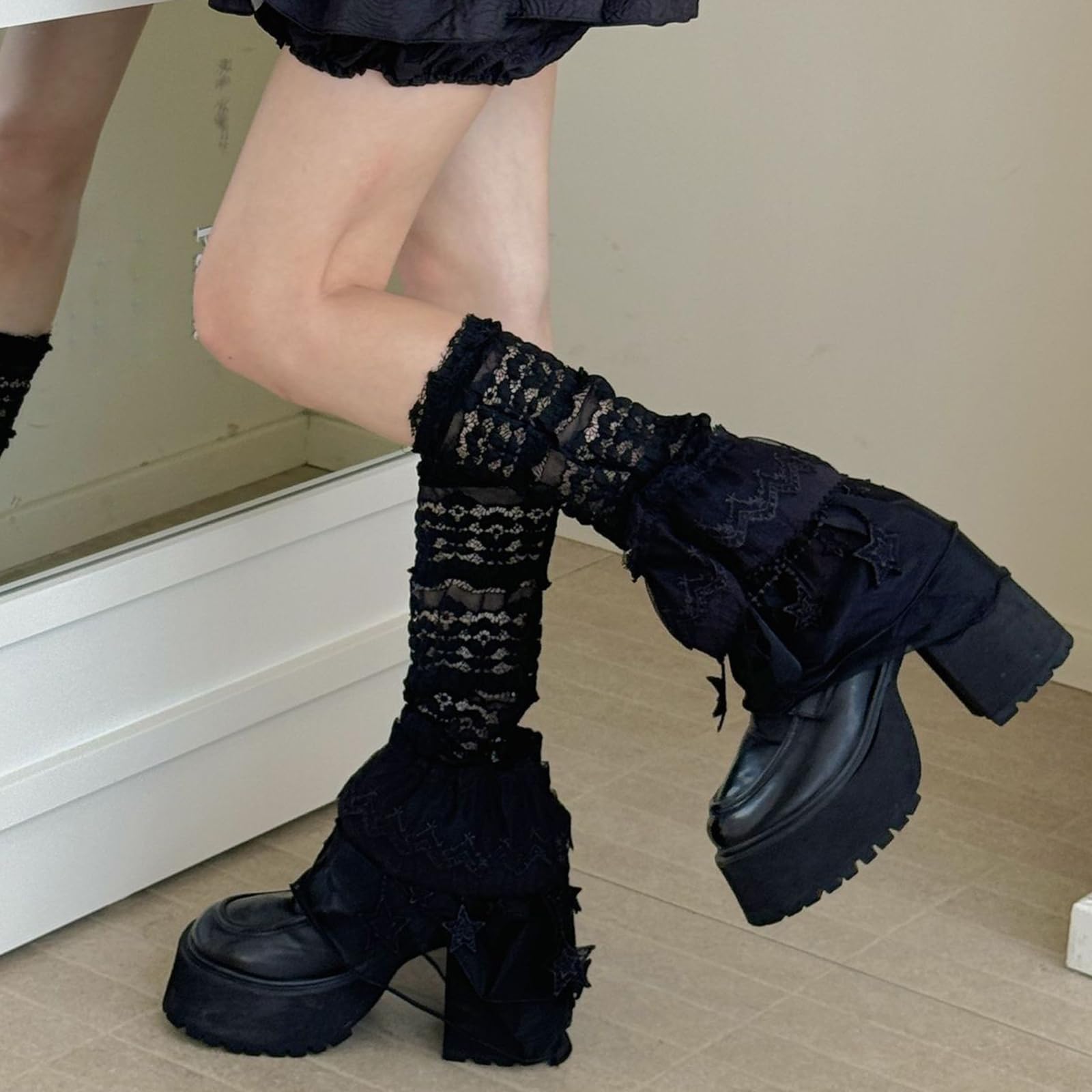 SOLILOQUY Women's Lace Leg Warmers Summer Gothic Lolita Sheer Polka Dots Leg Socks Layered Ruffle Boot Socks - Image 6