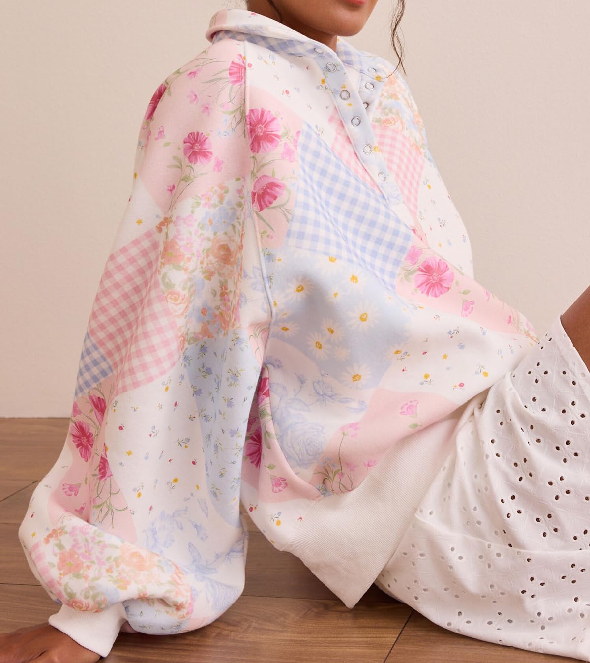 SOLILOQUY Women's Y2K Floral Patchwork Sweatshirt Oversized Half Button Collared Loose Vintage Boho Pullover Top Streetwear - Image 3