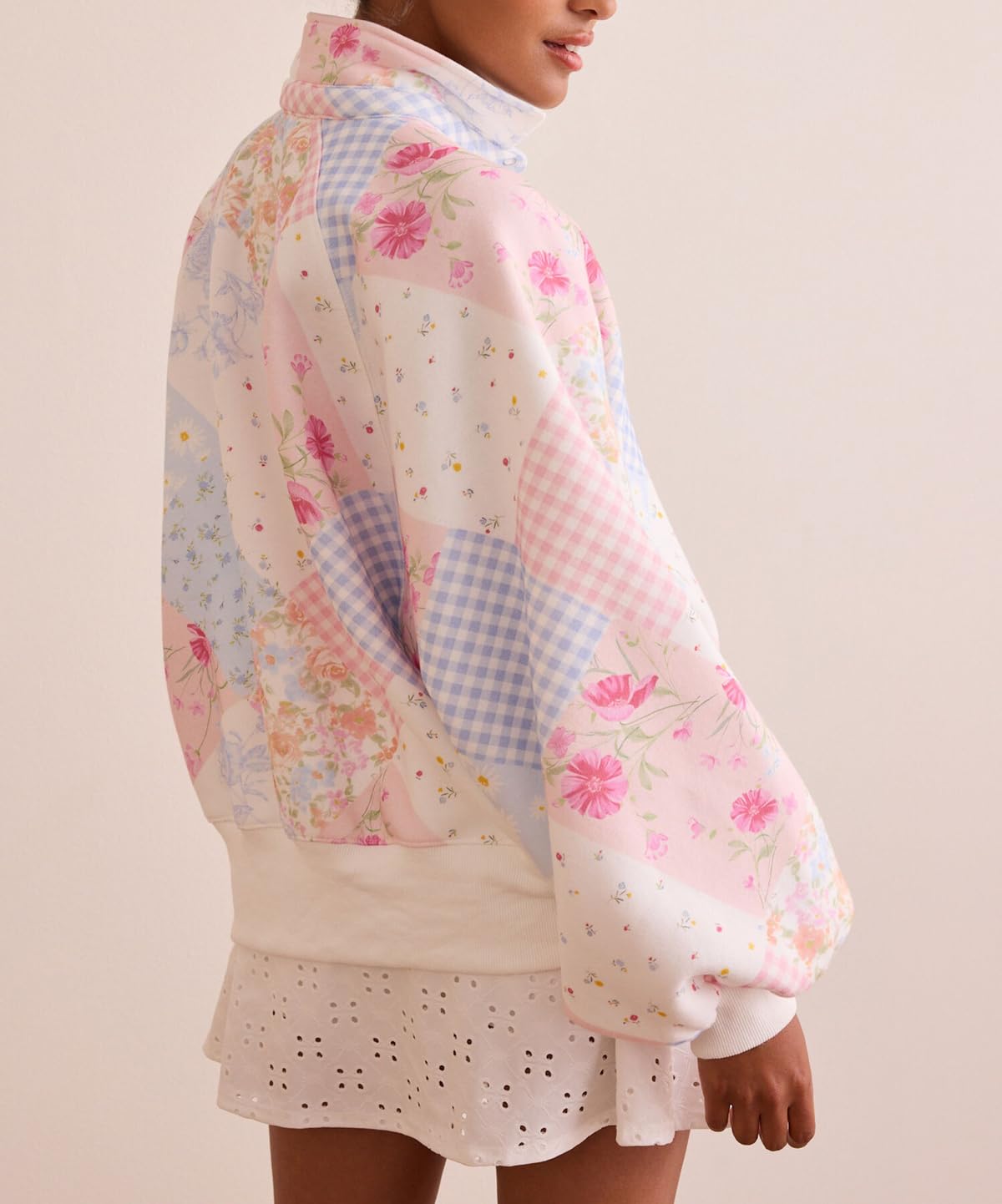 SOLILOQUY Women's Y2K Floral Patchwork Sweatshirt Oversized Half Button Collared Loose Vintage Boho Pullover Top Streetwear - Image 4