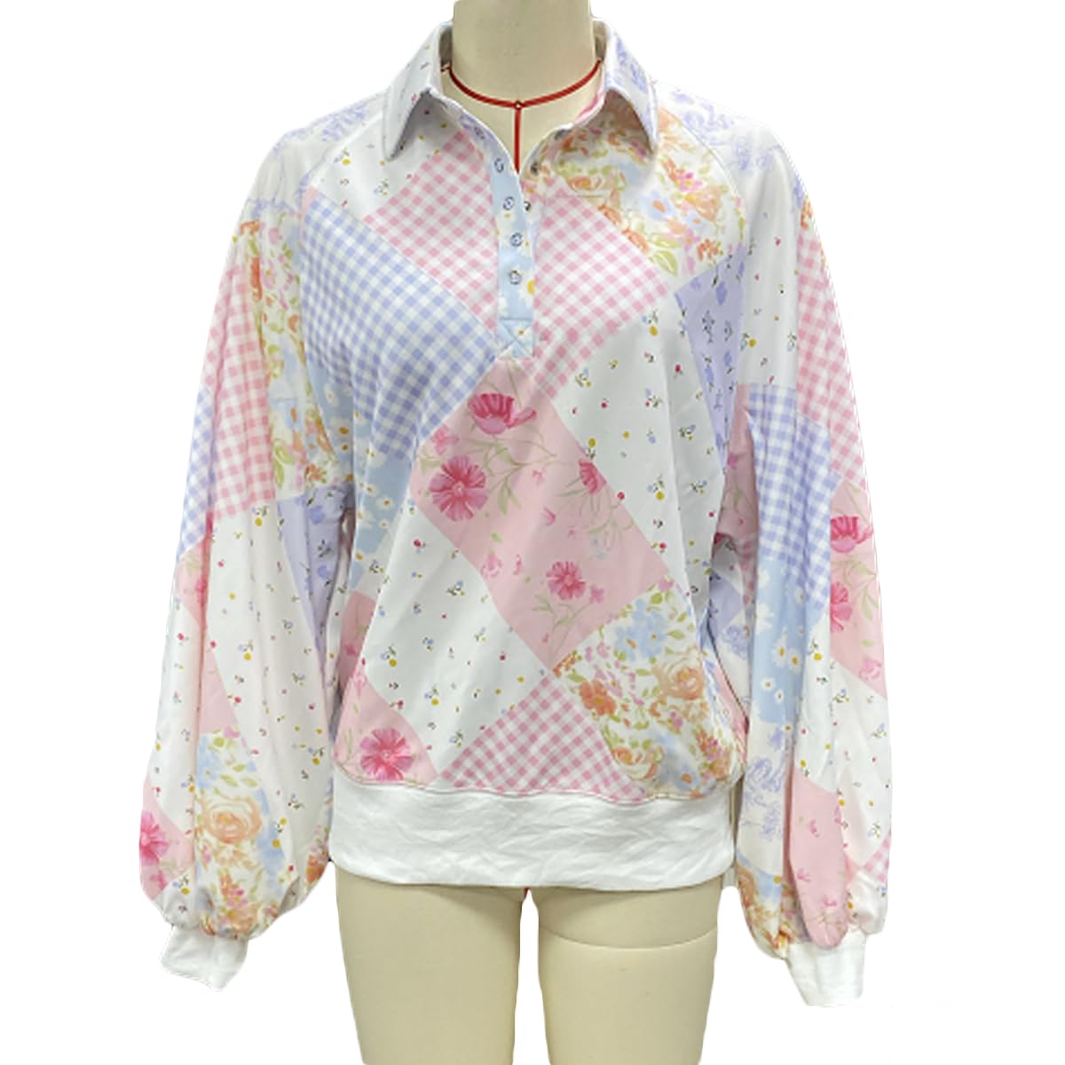 SOLILOQUY Women's Y2K Floral Patchwork Sweatshirt Oversized Half Button Collared Loose Vintage Boho Pullover Top Streetwear - Image 6