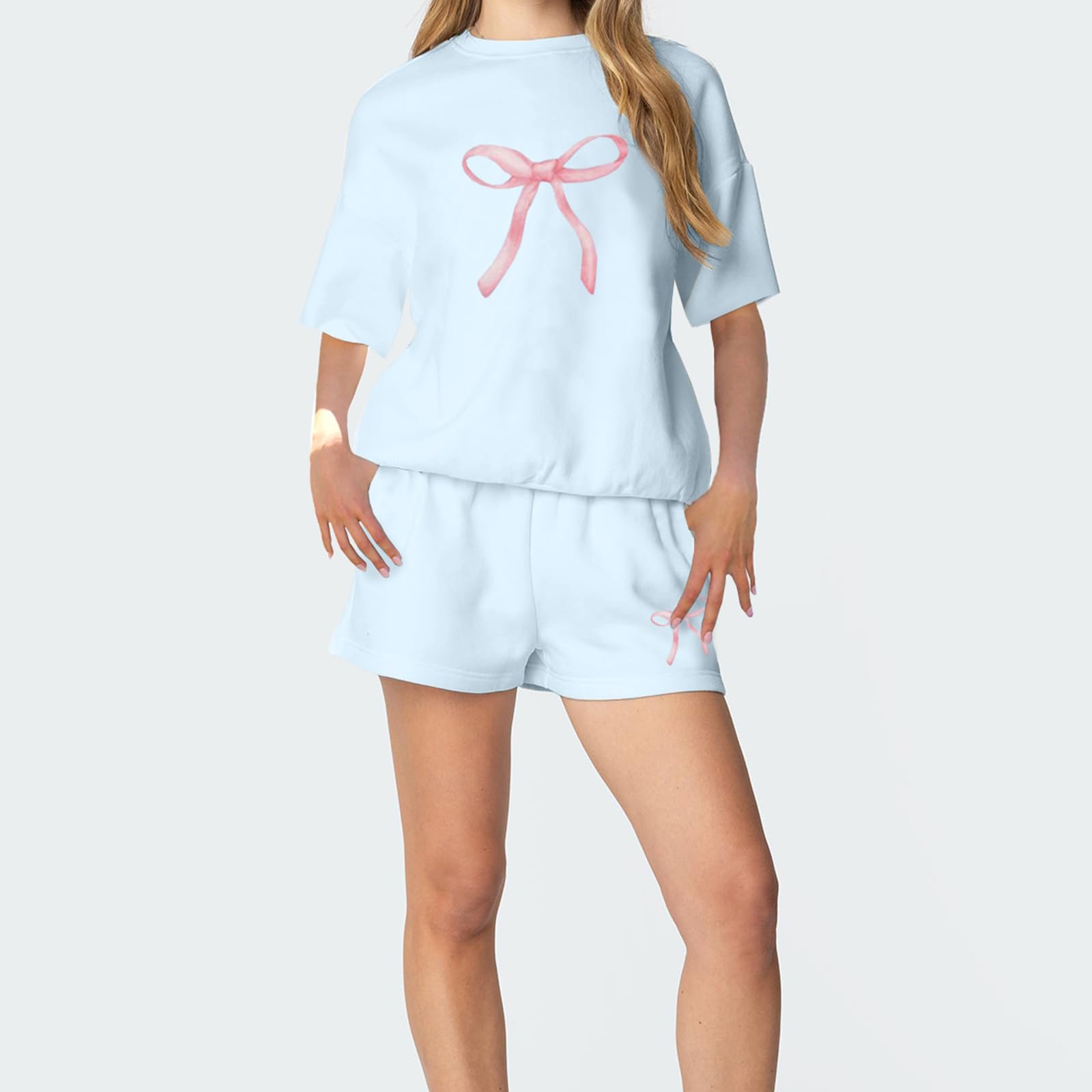 SOLILOQUY Women Summer 2 Pieces Outfits Loose Fit Shorts Set with Pockets Short Sleeve Bow/Flower Print T-Shirts Tops Shorts - Image 3