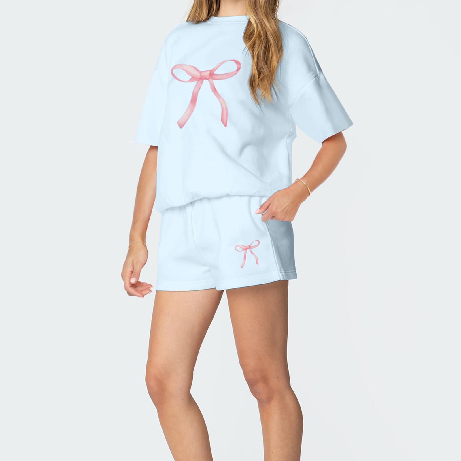 SOLILOQUY Women Summer 2 Pieces Outfits Loose Fit Shorts Set with Pockets Short Sleeve Bow/Flower Print T-Shirts Tops Shorts - Image 4