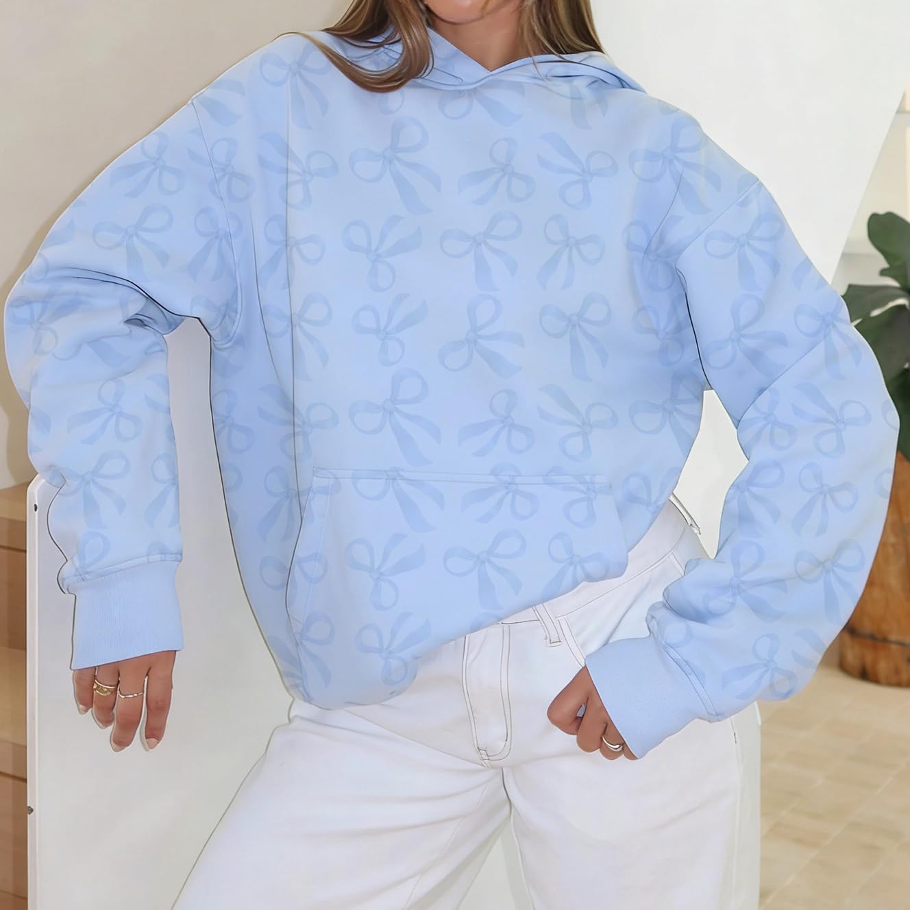 SOLILOQUY Women Y2K Oversized Bow Hoodie Sweatshirt Loose Casual Long Sleeve Pullover with Kangaroo Pocket Preppy Streetwear - Image 3