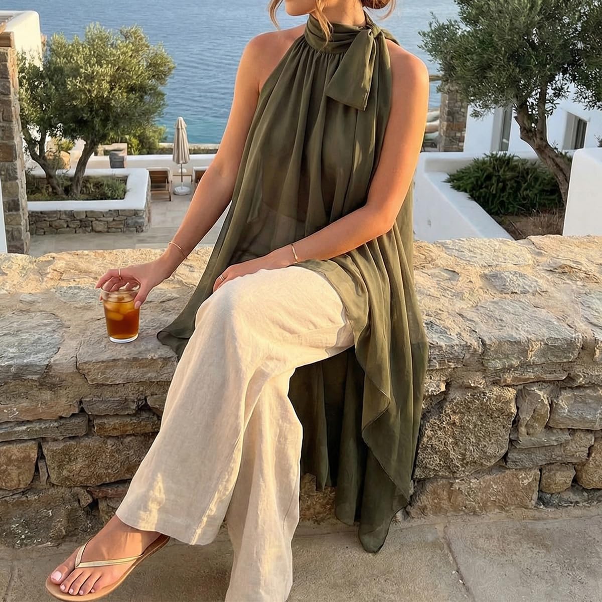 SOLILOQUY Women Y2K Polka Dot Halter Top Tie Neck High Low Hem Sleeveless Chiffon Blouse Elegant Asymmetric Flowy Tunic Top - Image 3