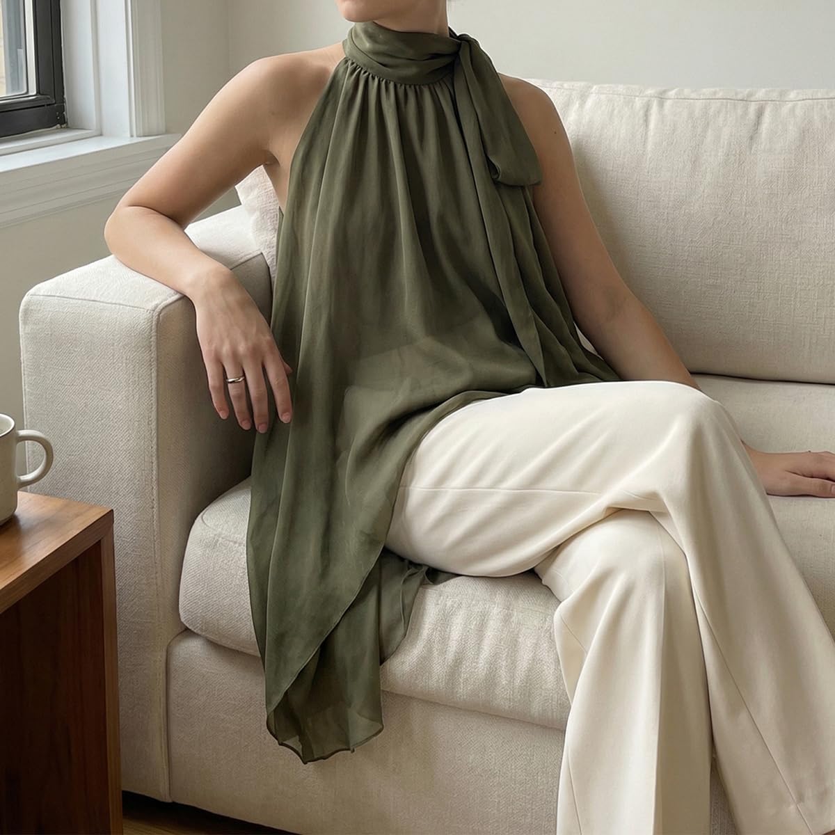 SOLILOQUY Women Y2K Polka Dot Halter Top Tie Neck High Low Hem Sleeveless Chiffon Blouse Elegant Asymmetric Flowy Tunic Top - Image 4