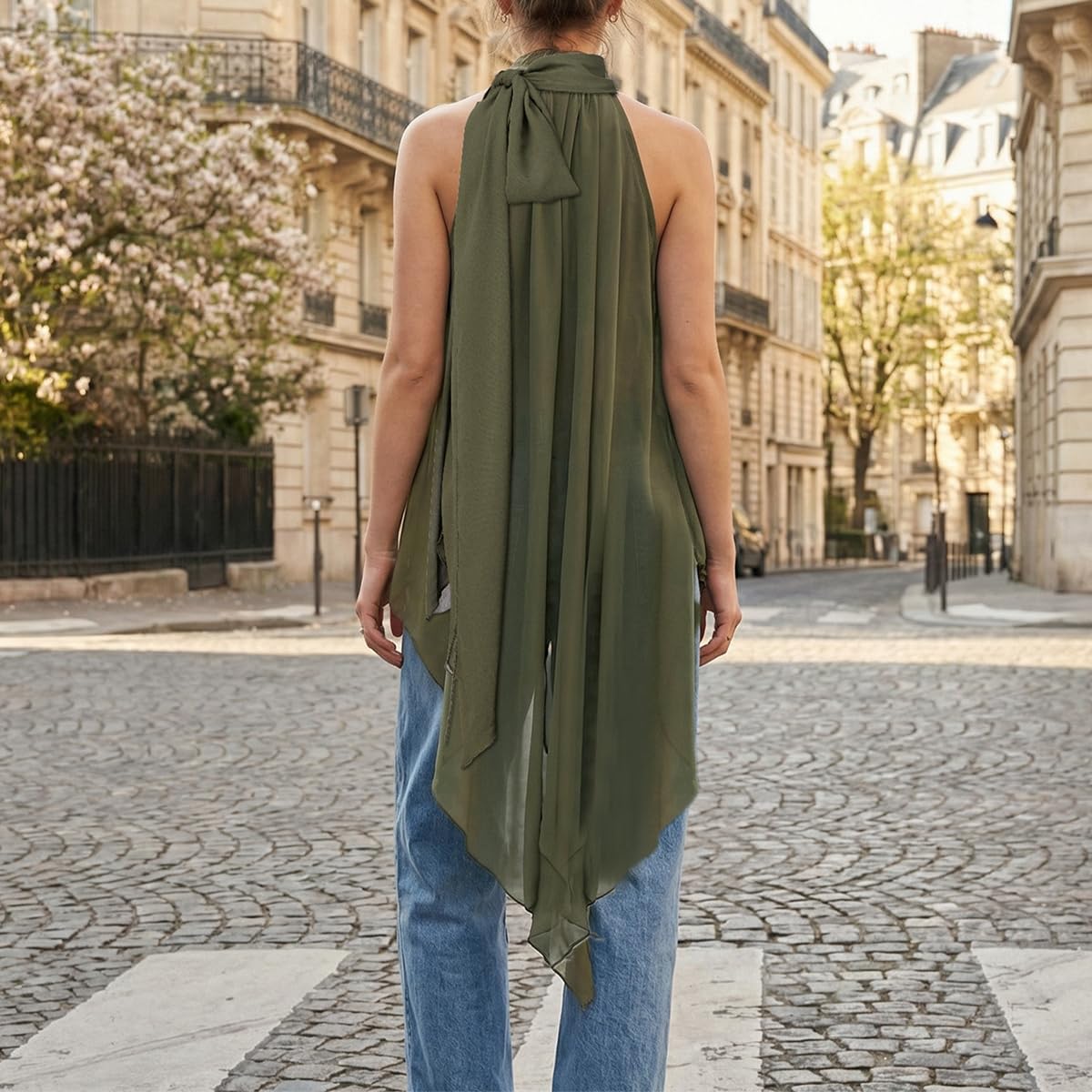 SOLILOQUY Women Y2K Polka Dot Halter Top Tie Neck High Low Hem Sleeveless Chiffon Blouse Elegant Asymmetric Flowy Tunic Top - Image 5