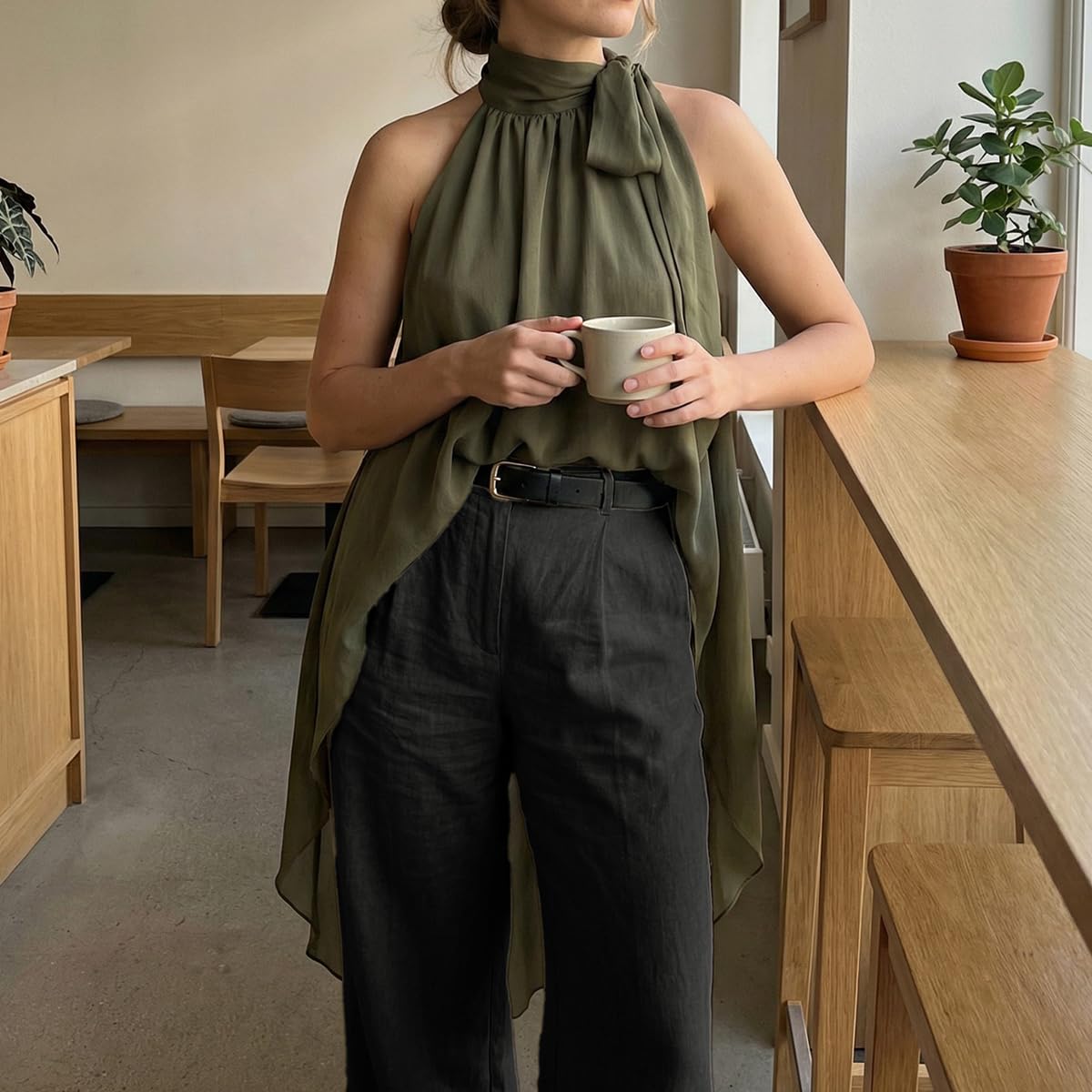 SOLILOQUY Women Y2K Polka Dot Halter Top Tie Neck High Low Hem Sleeveless Chiffon Blouse Elegant Asymmetric Flowy Tunic Top - Image 6