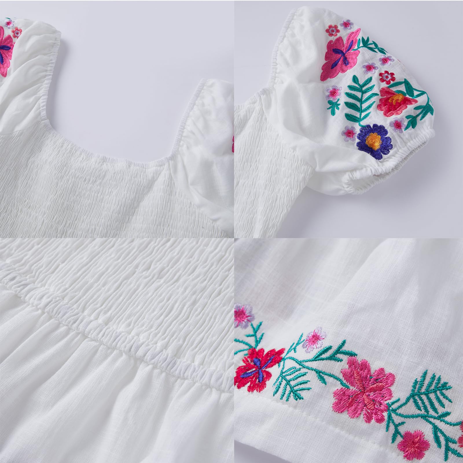 Women Boho Floral Embroidery Babydoll Top Puff Short Sleeve Square Neck Smocked Peplum Blouse Cute Summer Going Top - Image 6