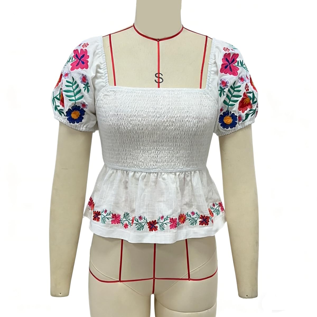 Women Boho Floral Embroidery Babydoll Top Puff Short Sleeve Square Neck Smocked Peplum Blouse Cute Summer Going Top - Image 7
