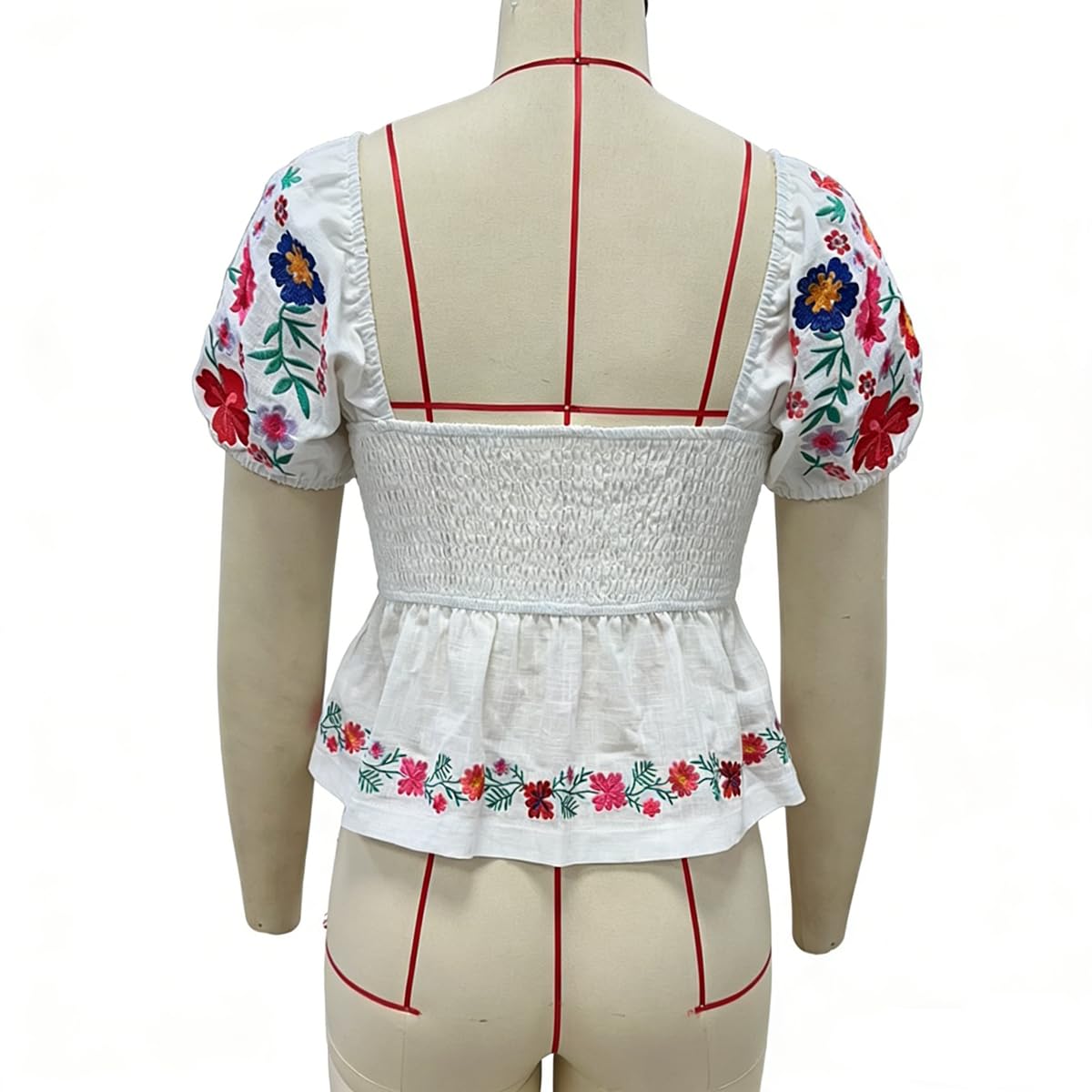 Women Boho Floral Embroidery Babydoll Top Puff Short Sleeve Square Neck Smocked Peplum Blouse Cute Summer Going Top - Image 8