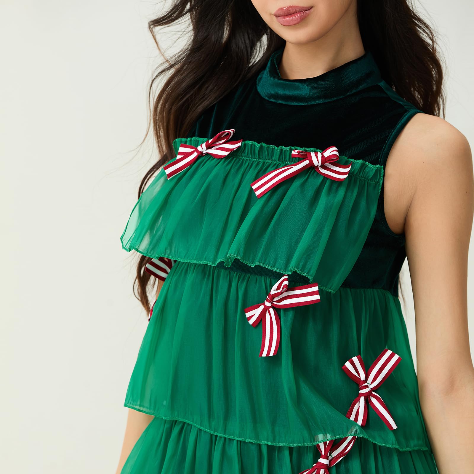 Women Christmas Tree Tutu Dress Sleeveless Bowknot Layered Tulle Mini Dress Xmas Tree Costume Party Festival Outfit - Image 5