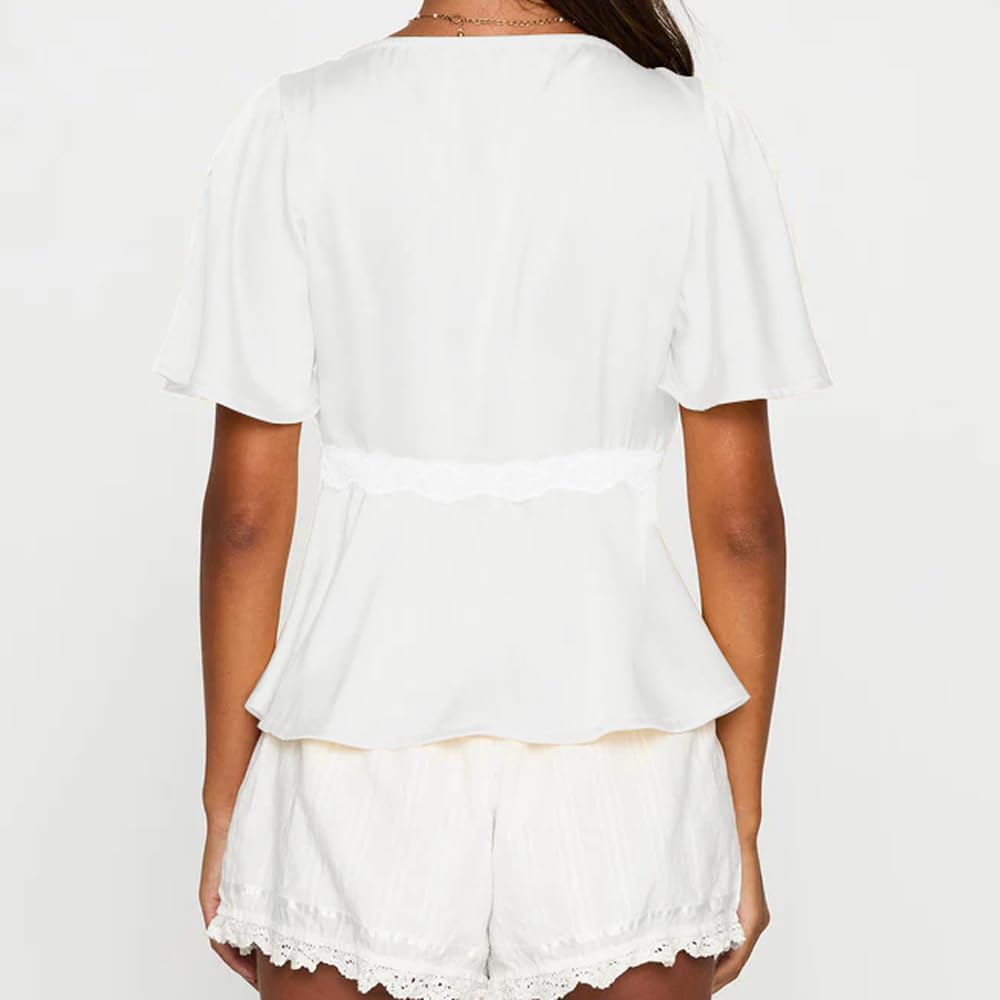 Women Elegant Lace Trim Top Fairy Short Sleeve V Neck Satin Peplum Babydoll Top Loose Fit Summer Going Out Blouse - Image 3