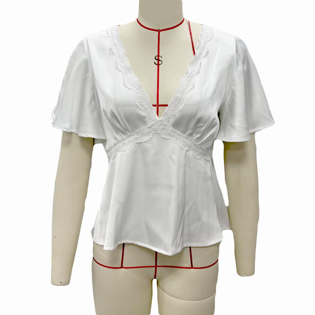 Women Elegant Lace Trim Top Fairy Short Sleeve V Neck Satin Peplum Babydoll Top Loose Fit Summer Going Out Blouse - Image 4
