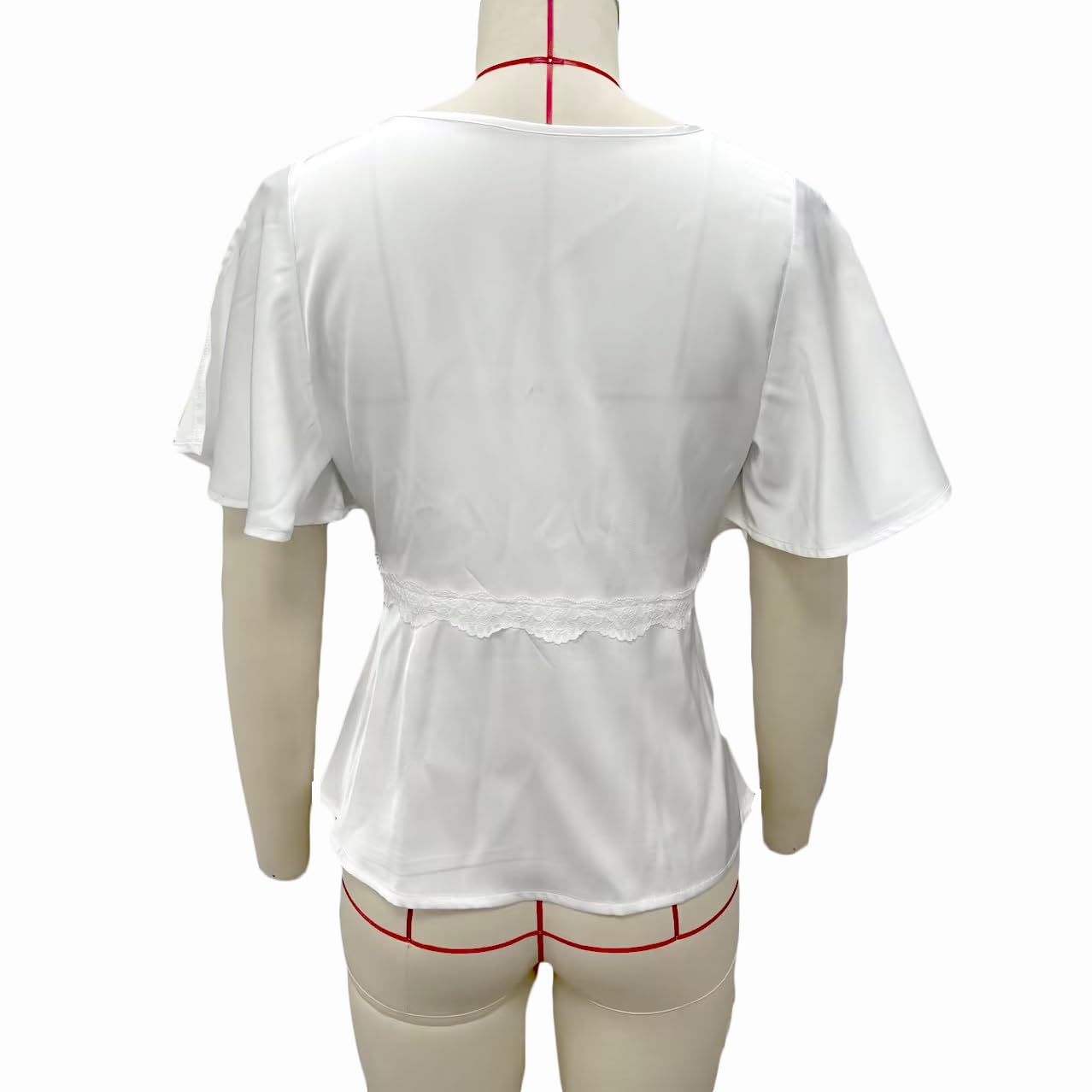 Women Elegant Lace Trim Top Fairy Short Sleeve V Neck Satin Peplum Babydoll Top Loose Fit Summer Going Out Blouse - Image 5