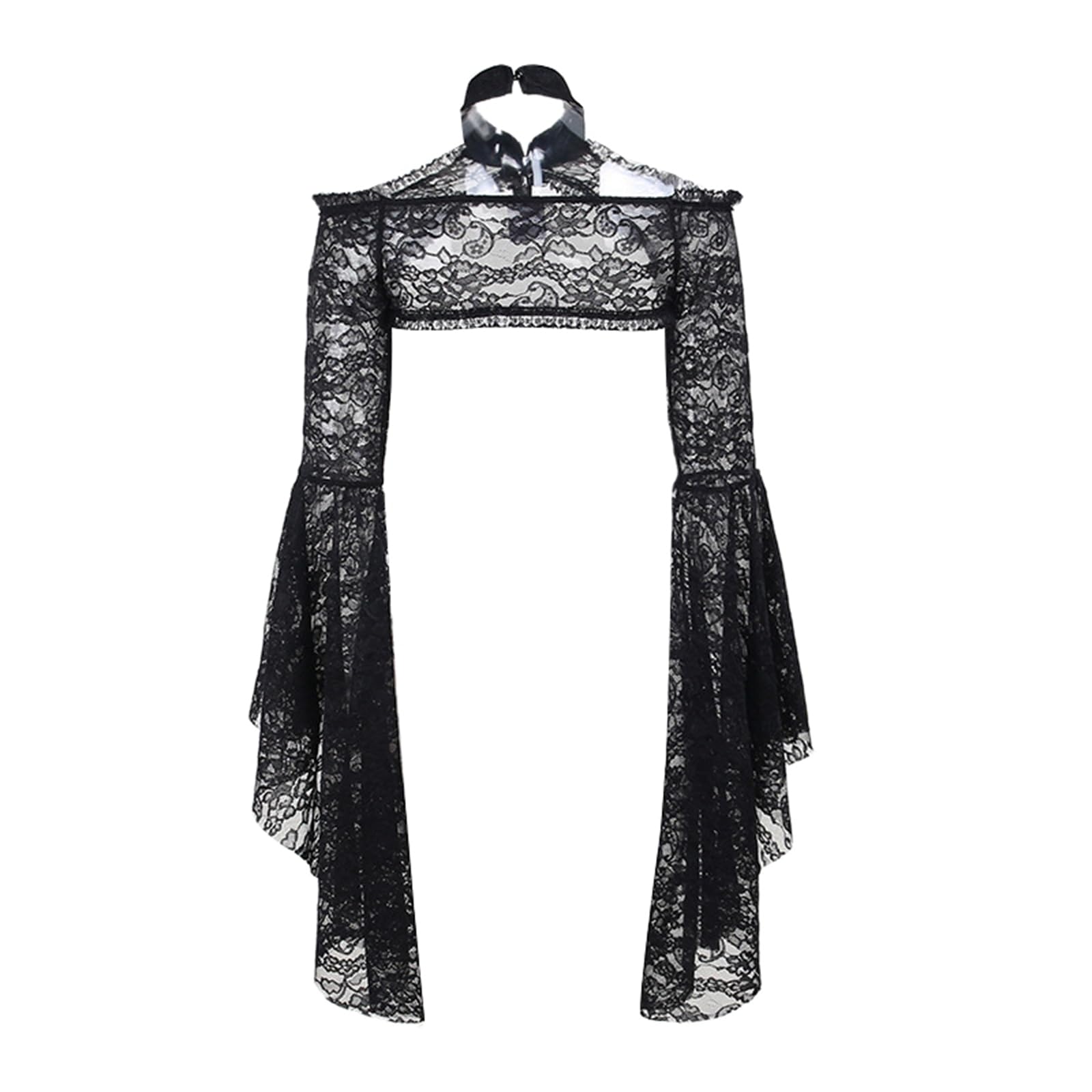 Women Halloween Costume Gothic Punk Black Lace Shrug Crop Top Long Sleeve Open Front Witch Shawl Cosplay Outfit - Image 3