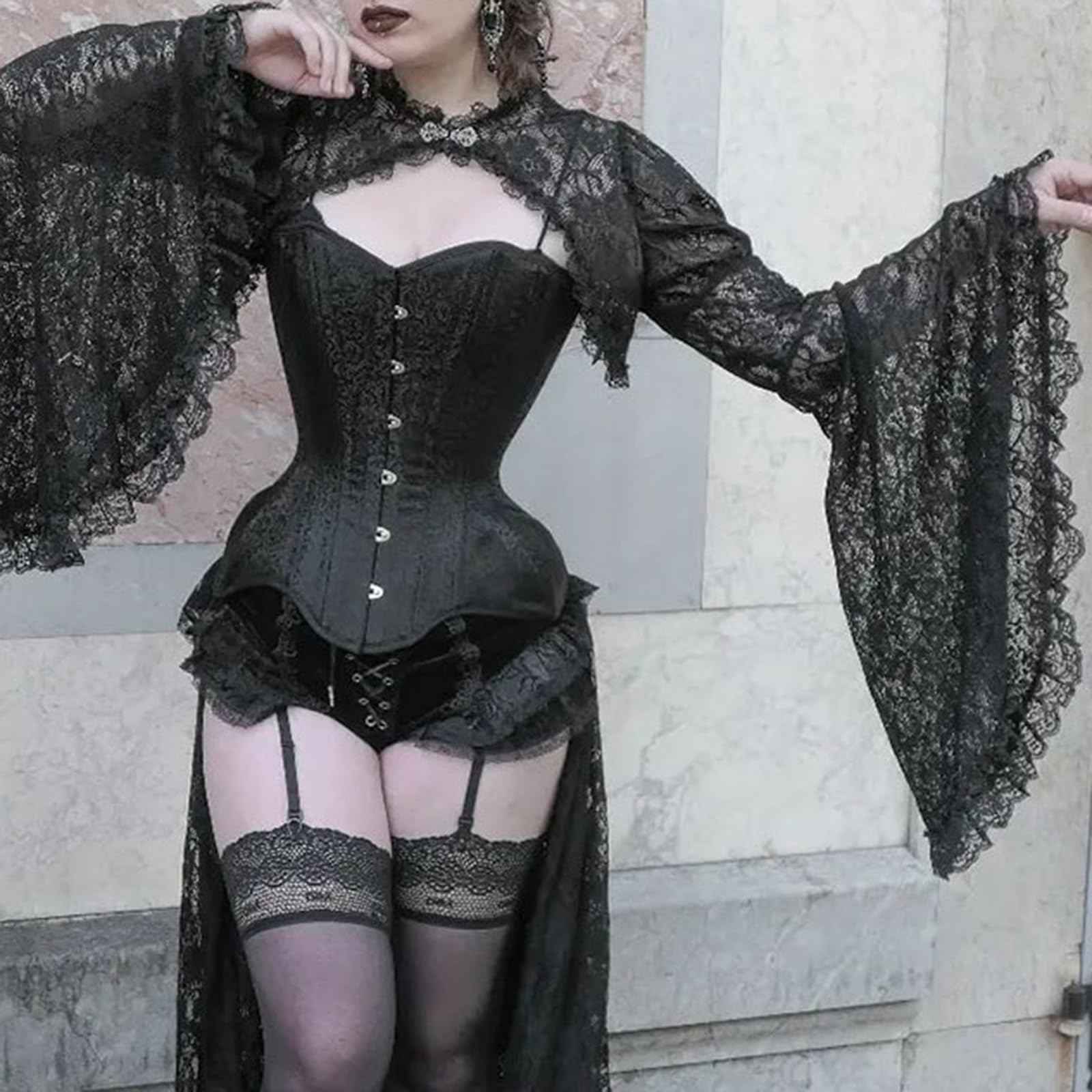 Women Halloween Costume Gothic Punk Black Lace Shrug Crop Top Long Sleeve Open Front Witch Shawl Cosplay Outfit - Image 6