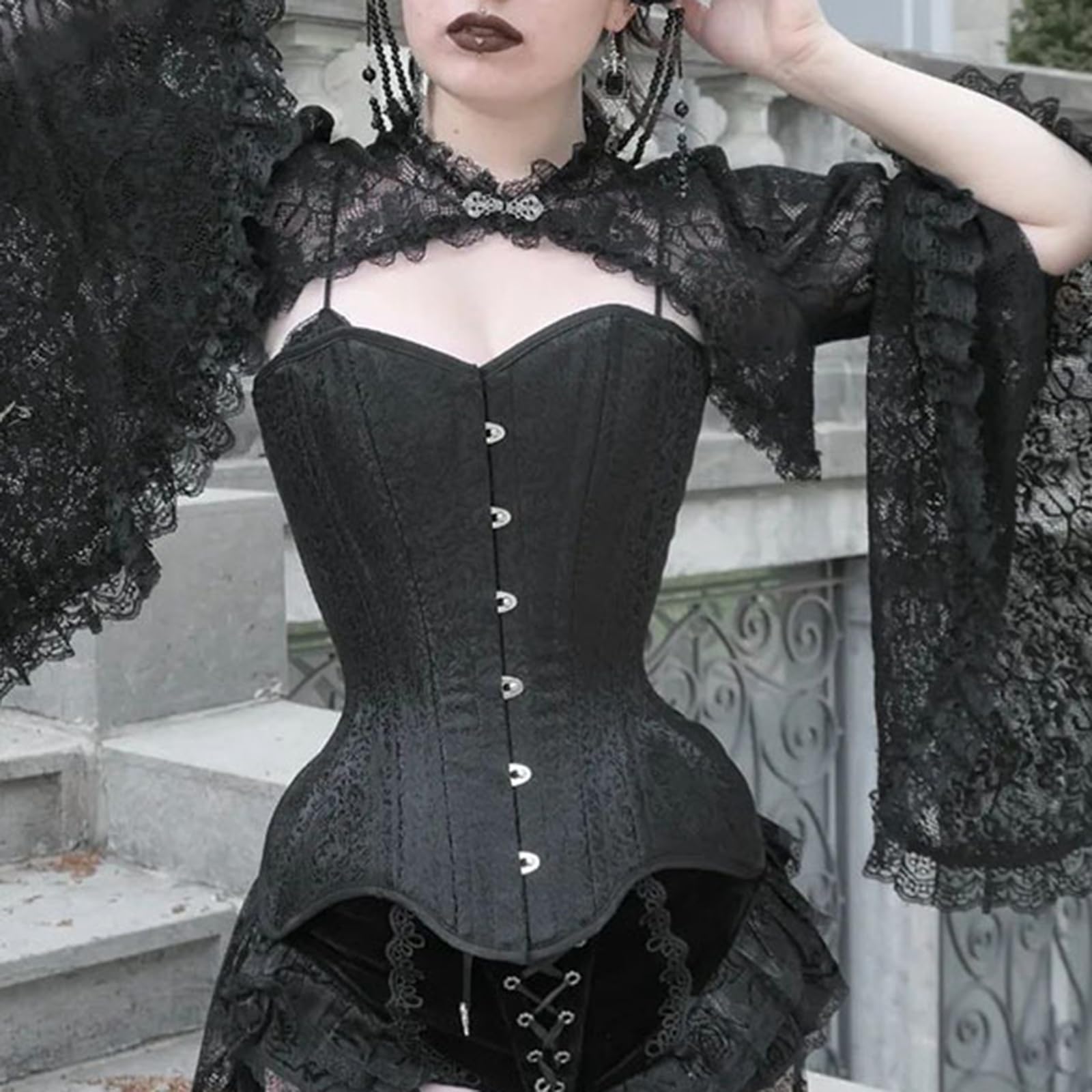 Women Halloween Costume Gothic Punk Black Lace Shrug Crop Top Long Sleeve Open Front Witch Shawl Cosplay Outfit - Image 7