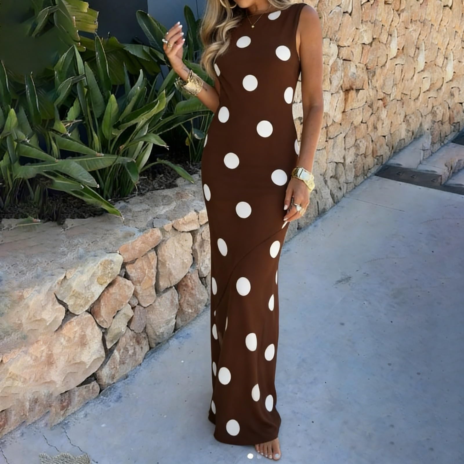 Women Polka Dot Maxi Dress Sleeveless Cowl Back Sheer Mesh Hem Bodycon Long Dress Cocktail Evening Party Night Out - Image 3