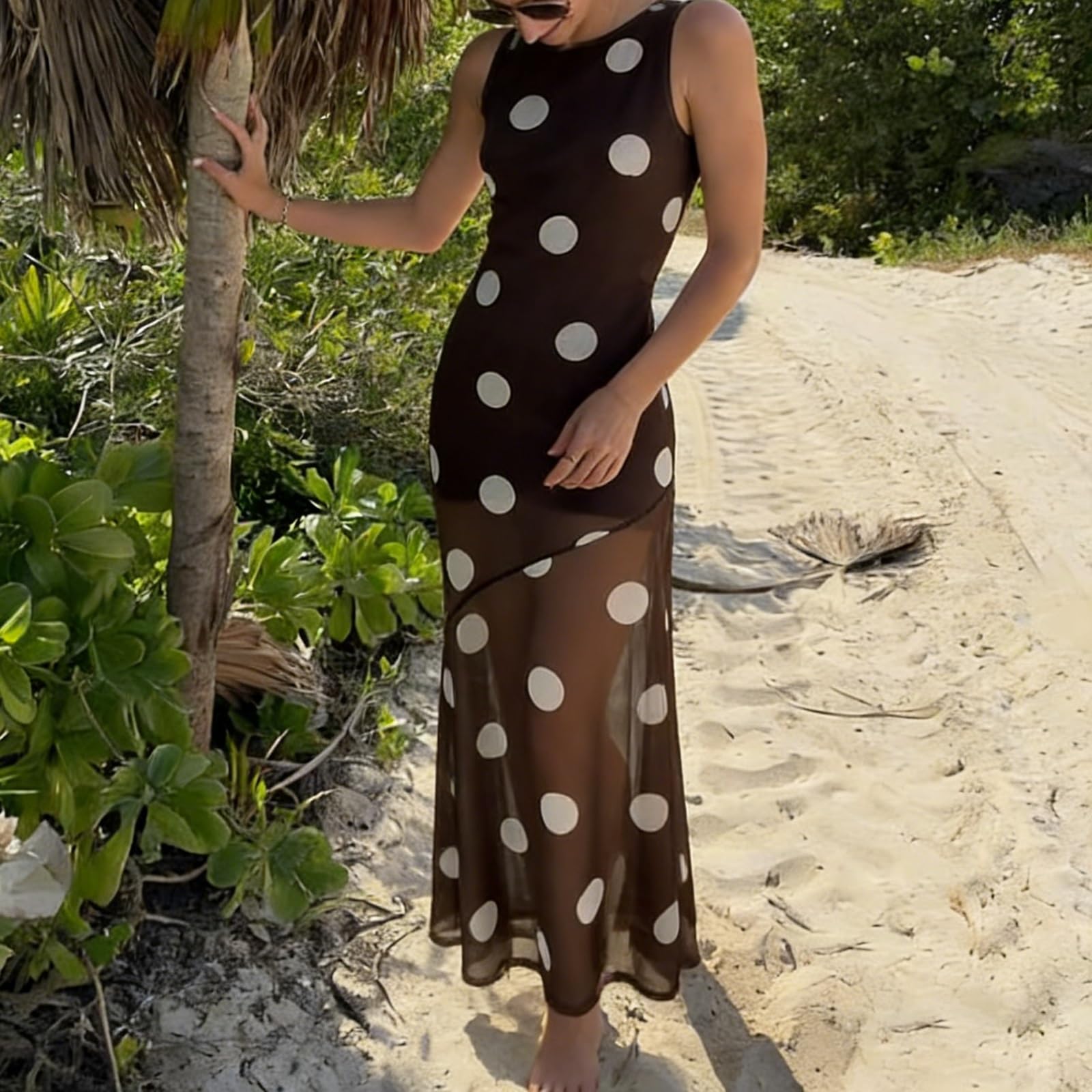 Women Polka Dot Maxi Dress Sleeveless Cowl Back Sheer Mesh Hem Bodycon Long Dress Cocktail Evening Party Night Out - Image 4