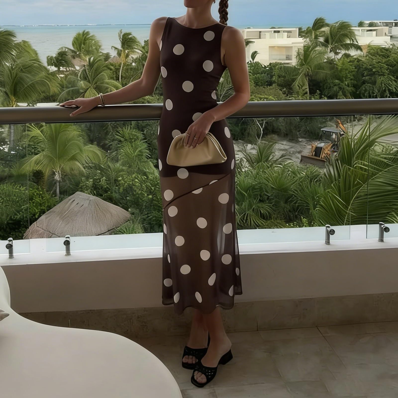 Women Polka Dot Maxi Dress Sleeveless Cowl Back Sheer Mesh Hem Bodycon Long Dress Cocktail Evening Party Night Out - Image 5