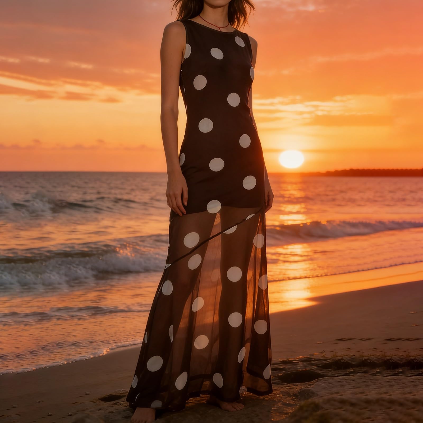 Women Polka Dot Maxi Dress Sleeveless Cowl Back Sheer Mesh Hem Bodycon Long Dress Cocktail Evening Party Night Out - Image 6