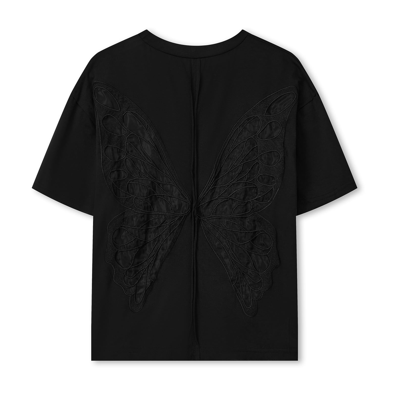 Women's Butterfly Embroidery Back Oversized T-Shirt Y2K Crew Neck Short Sleeve Sheer Mesh Cut Out Casual Summer Tee - Image 6