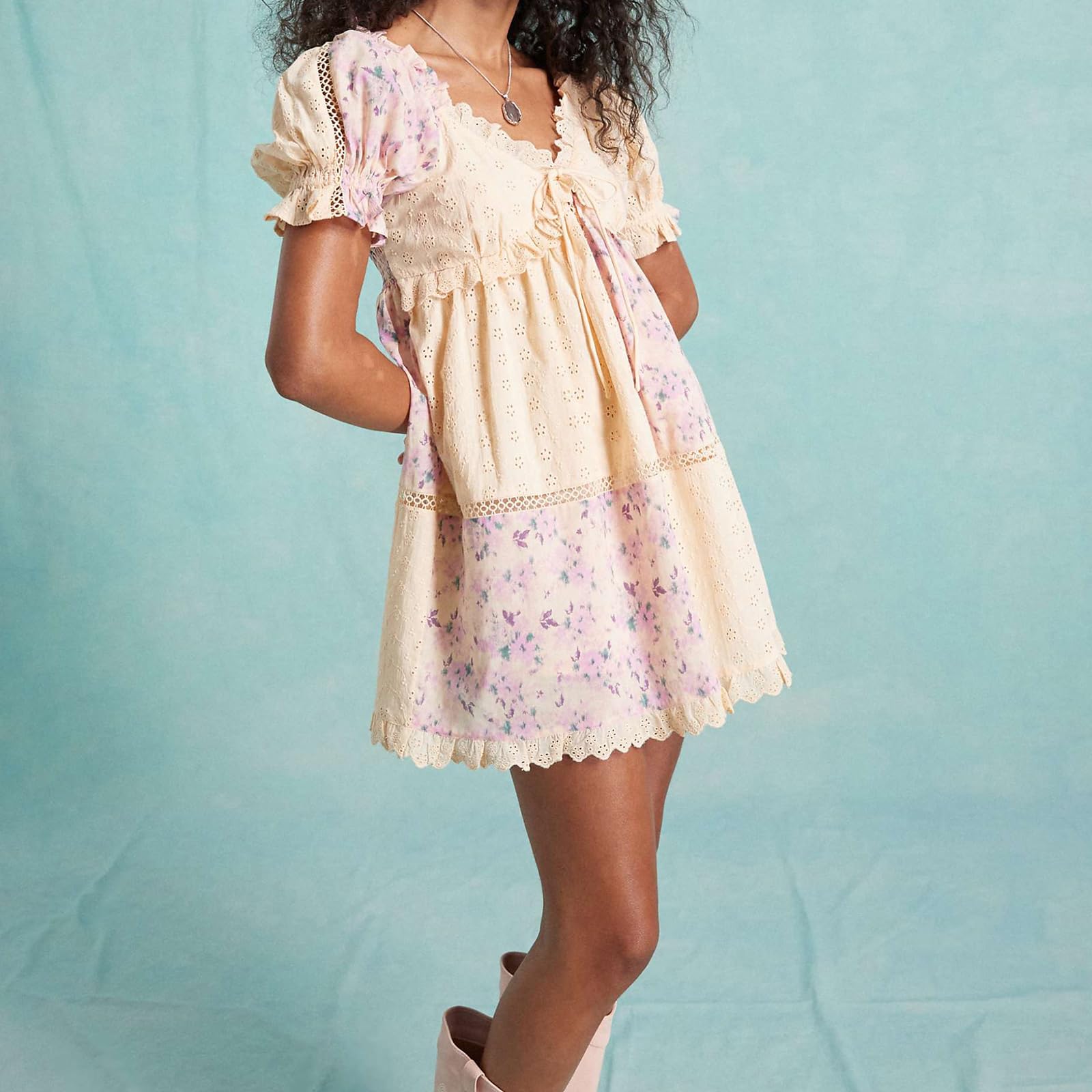 Women’s Floral Eyelet Lace Mini Dress Puff Sleeve V-Neck Tie Front A-line Short Babydoll Dress Summer Boho Sundress - Image 4