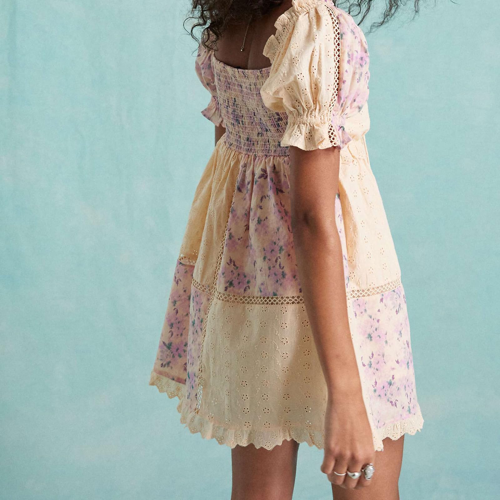 Women’s Floral Eyelet Lace Mini Dress Puff Sleeve V-Neck Tie Front A-line Short Babydoll Dress Summer Boho Sundress - Image 5