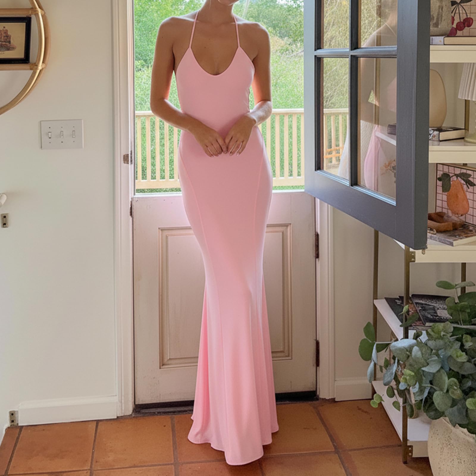 Women's Halter Neck Backless Mermaid Maxi Dress Deep V Neck Slim Fit Floor Length Evening Gown Sexy Formal Dress - Image 5