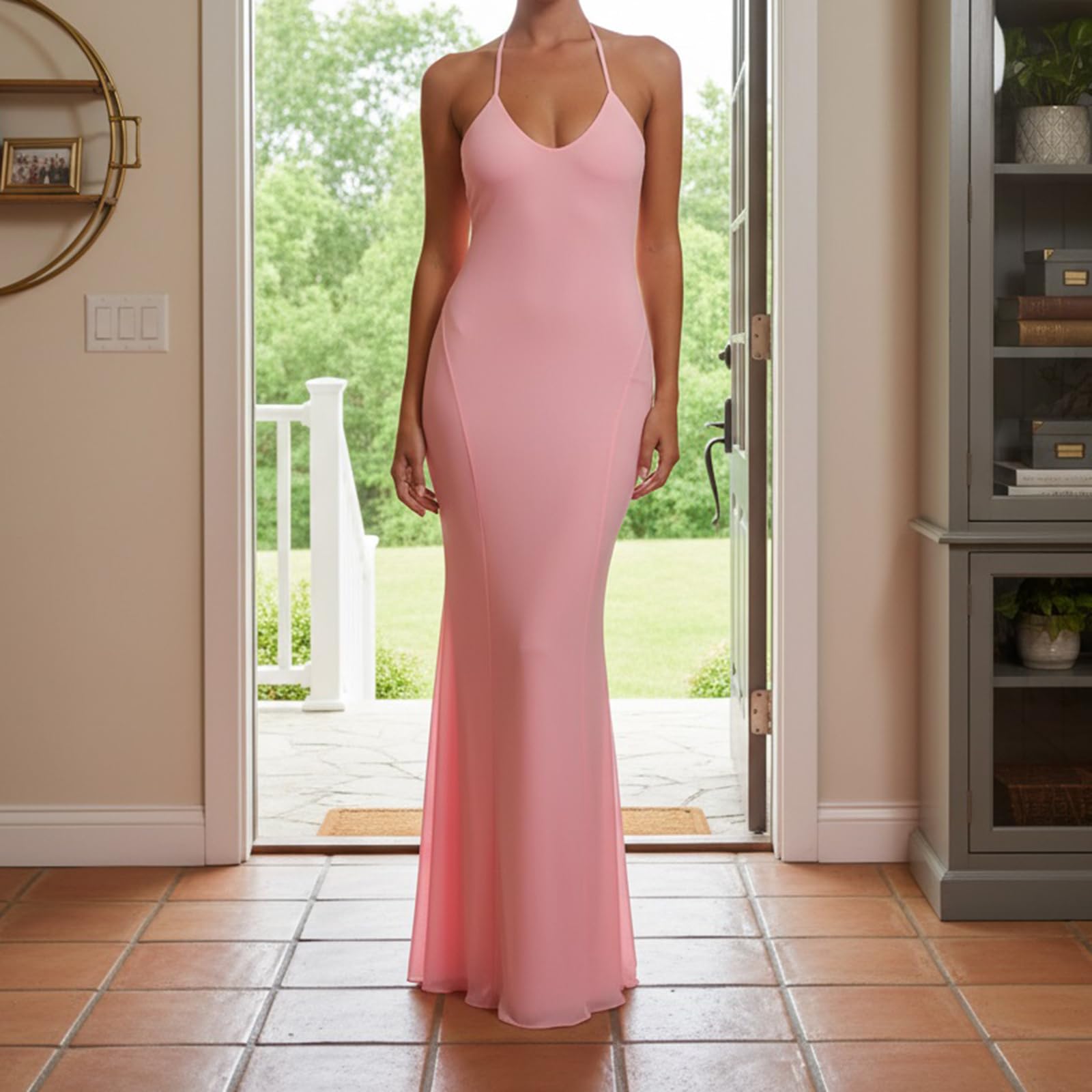 Women's Halter Neck Backless Mermaid Maxi Dress Deep V Neck Slim Fit Floor Length Evening Gown Sexy Formal Dress - Image 6