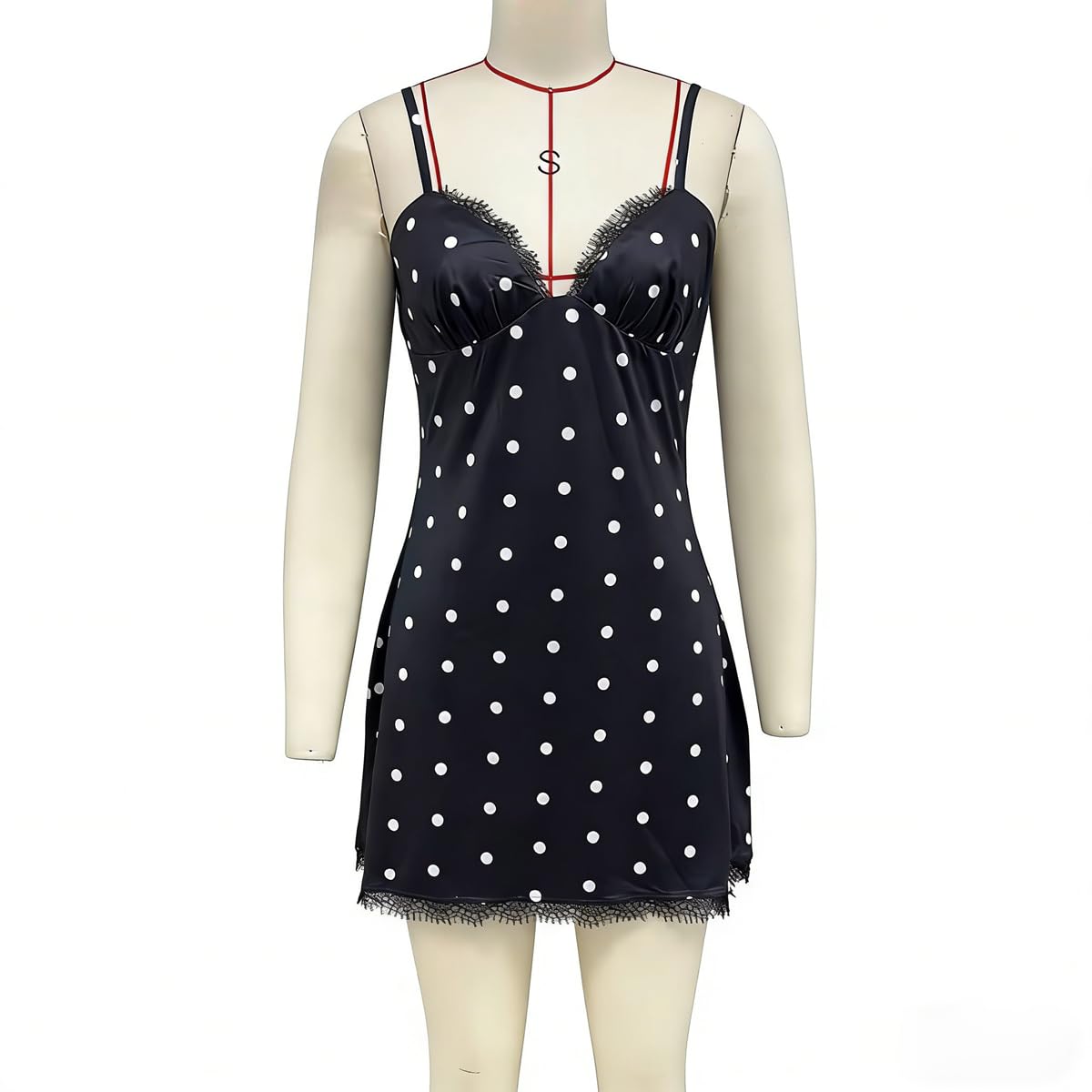 Women's Y2K Polka Dot Satin Mini Dress Spaghetti Strap V Neck Lace Trim Slip Dress Night Out Party Cocktail Dresses - Image 6