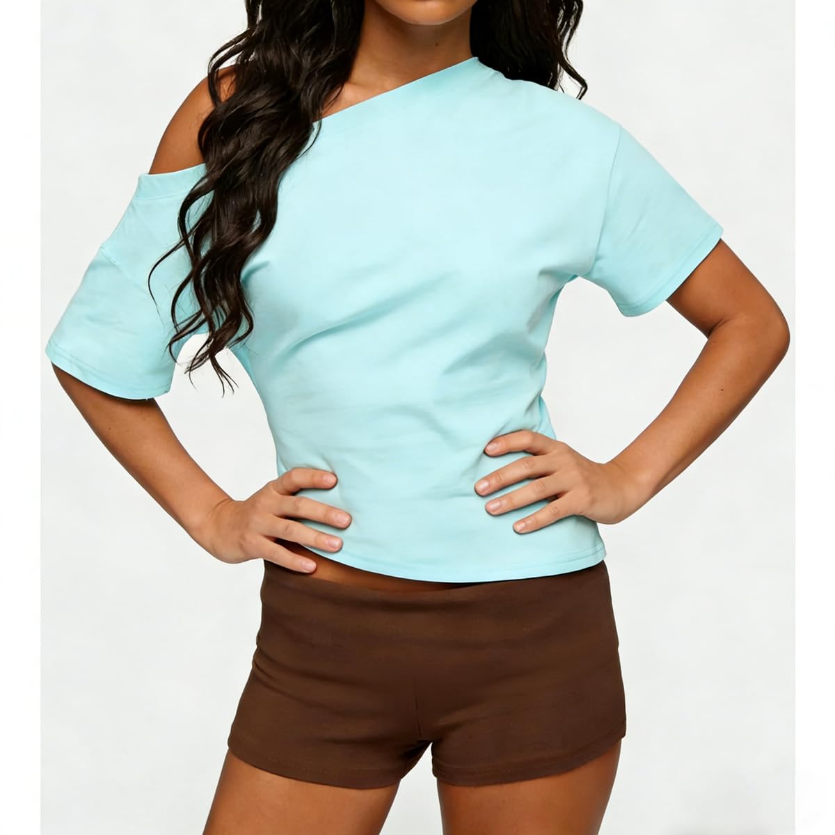 Women Y2K Asymmetric Off Shoulder T-Shirt Coquette Short Sleeve Slim Fit Casual Baby Tee Summer Going Out Crop Tops - Image 3