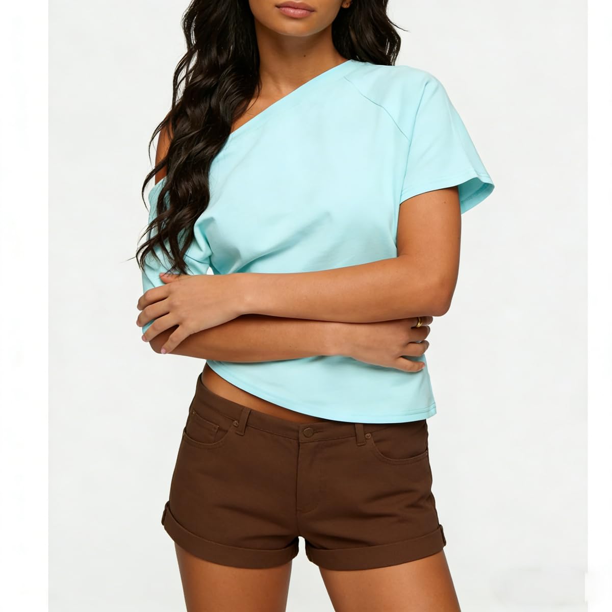 Women Y2K Asymmetric Off Shoulder T-Shirt Coquette Short Sleeve Slim Fit Casual Baby Tee Summer Going Out Crop Tops - Image 4